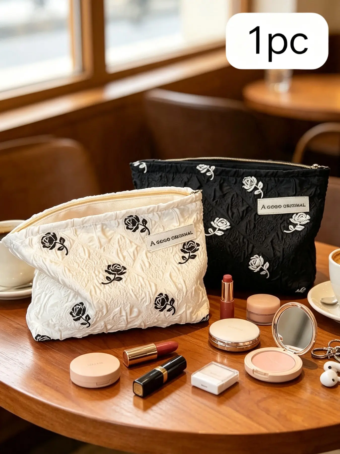 Rose Print Cosmetic Bag, Folded Texture Fabric Makeup Pouch, Soft Handbag, Portable Travel Case, Daily Commute, Vacation
