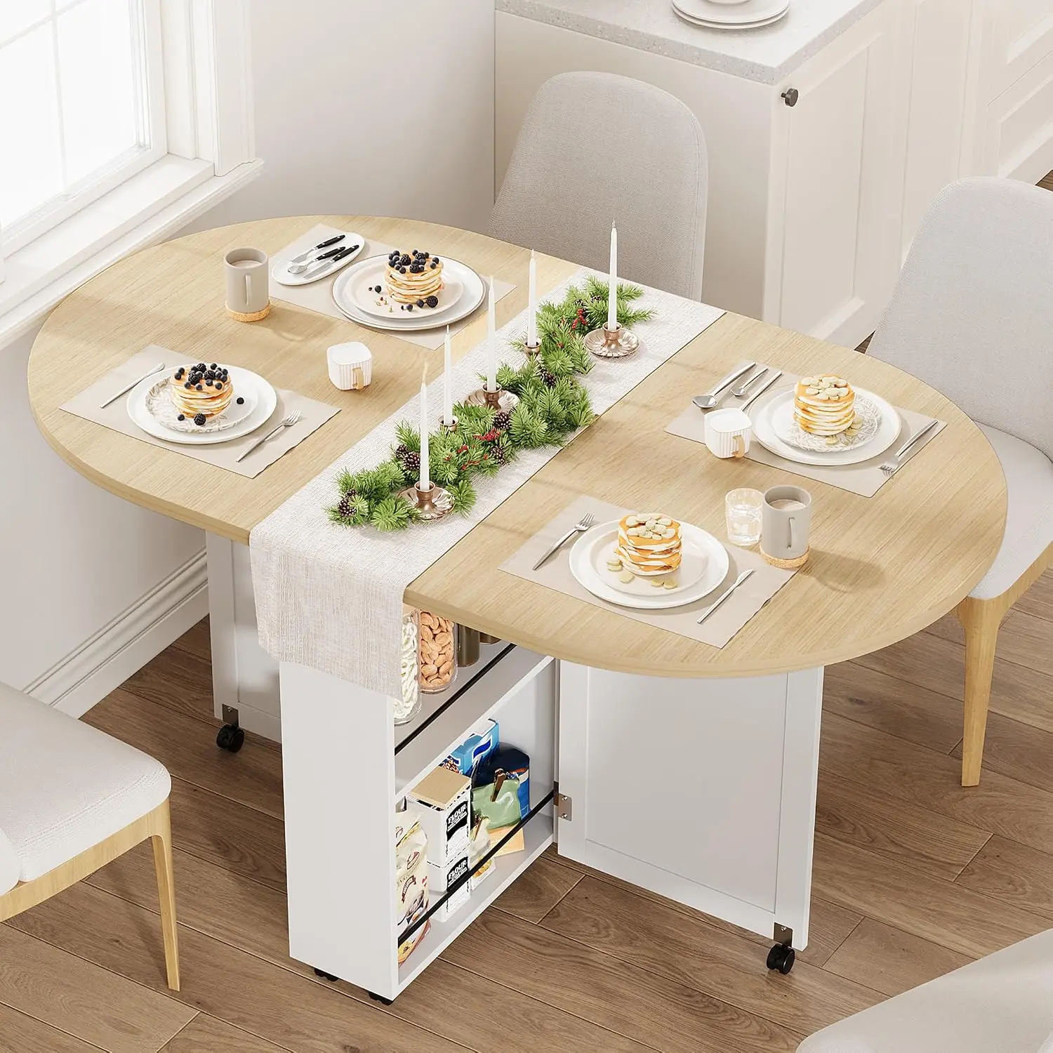 3-in-1 Drop Leaf Folding Dining Table, Oval Rolling Kitchen Table - Locking Casters - Storage Shelves, Drawer & Wine Rack - Space-Saving Collapsible Table for Small Spaces - White + Natural Wood