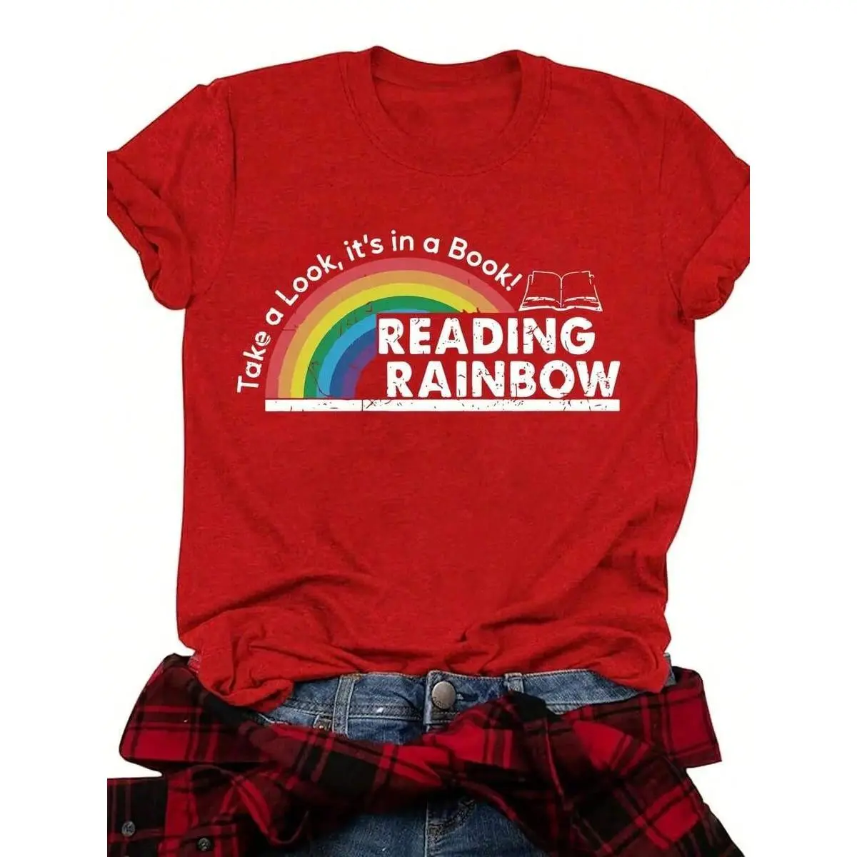 Women's  Fitted Tops Print Y2K Crew Neck Tee-Plus Size - Women'S Red  - Reading Rainbow Graphic Tee With Book Design - Casual Everyday Shirt For Teachers, Book Lovers - Valentine'S Day & Back To Outfits - Soft Everyday Top, Teacher Apparel good quote