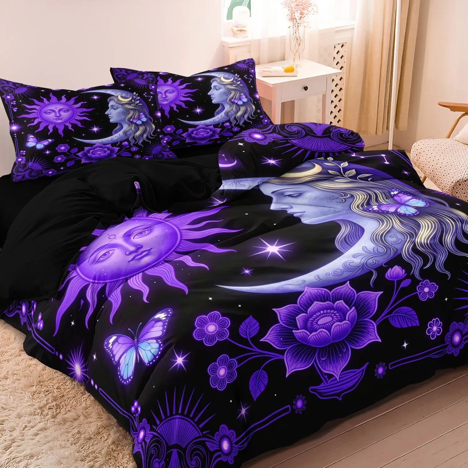 3 Pieces Purple Sun Moon Duvet Cover Set, Theme Decorative Bedding Set, Star Butterfly Floral Printed Bedding, Soft Microfiber Bohemian Bedding For Home Decoration, Multiple Sizes Available (1 Duvet Cover + 2 Pillowcases, No Comforter No Pillow)