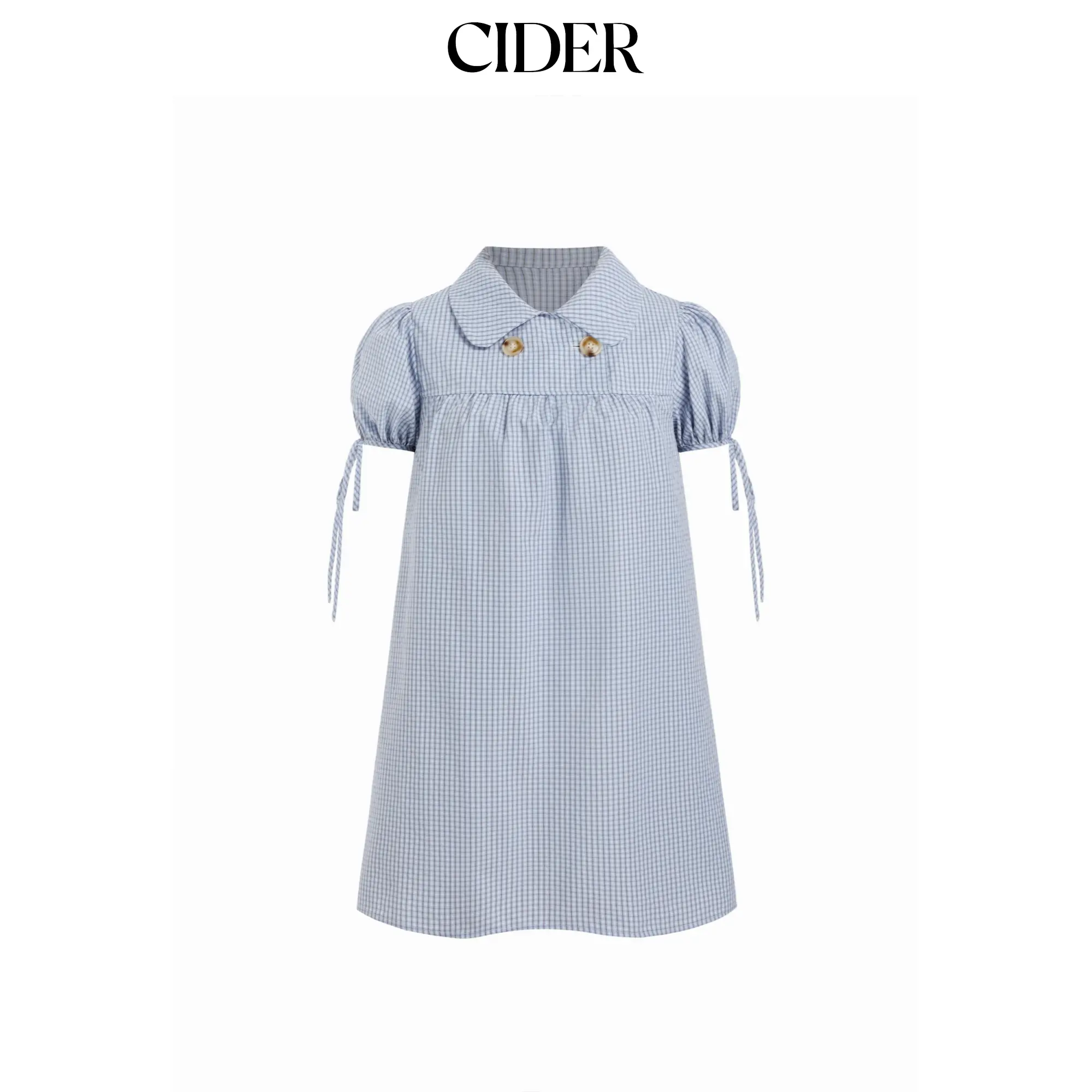 Cider Cotton-blend Peter Pan Collar Puff Sleeve Check Smock Drawstring Mini Dress SohoChic