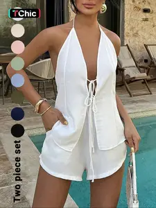 Women's Solid Color Fitted Tie Back Top & Shorts Set, Casual Fashion Chic Minimalist Two-piece Outfits for Summer, Ladies Clothes for Beach Holiday Vacation, Womenswear