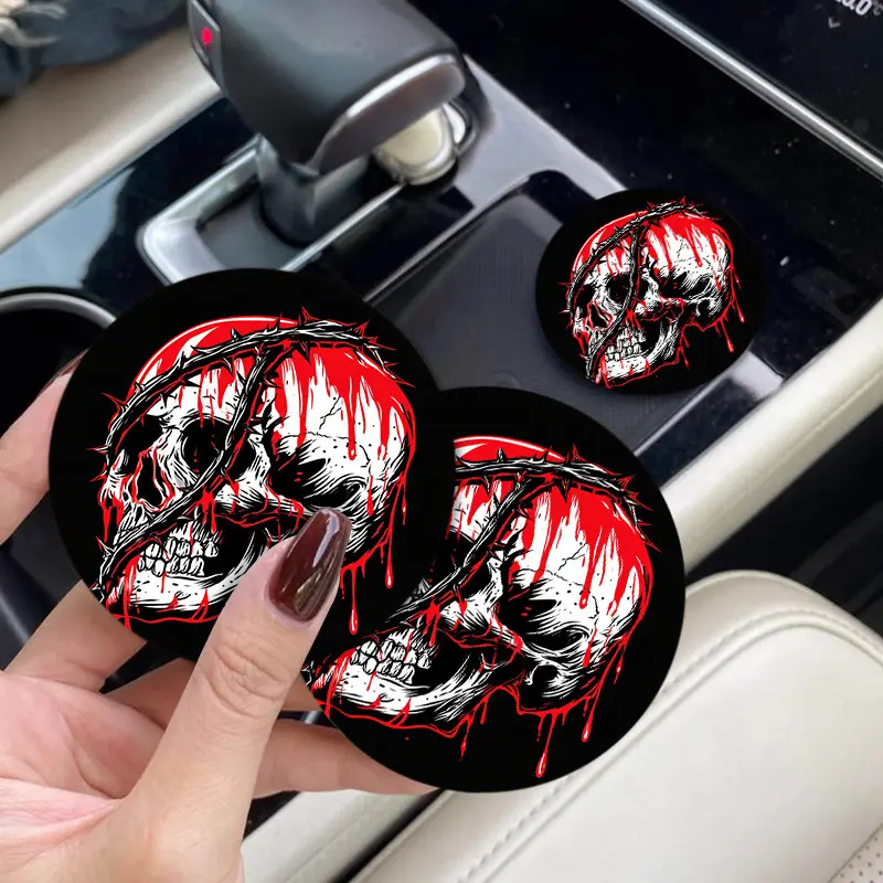 2pcs, Gothic Style Skull Rose Print Acrylic Car Coasters, Waterproof And Non-Slip Drink Coasters, Not Solely Car Interior Additions But Also Suitable for Office Desks, Ideal Choice for Party Decoration, Unisex, Friend Gift