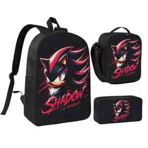 Anime Shadow The Hedgehog2 Kids School Bag Set, Teen Boys Girls Backpack with Adjustable Shoulder Straps, Multipurpose Bookbag with Lunch Box Pencil Bag for School Travel Office Daily Use
