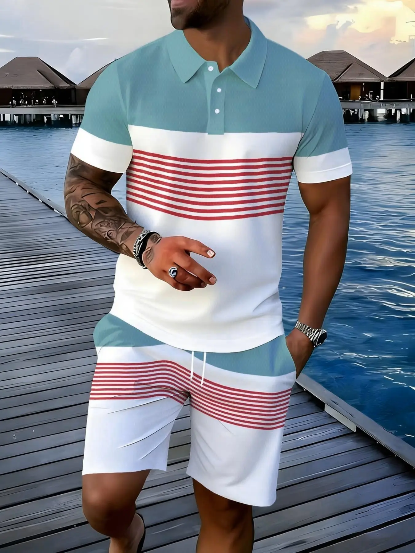 Men's Luxury Striped Polo Shirt Set, Outfit, Clothes, Breathable Fabric, Casual Two-Piece, Menswear, Short Sleeve, Natural Waist, All Seasons, Polyester Shorts Set