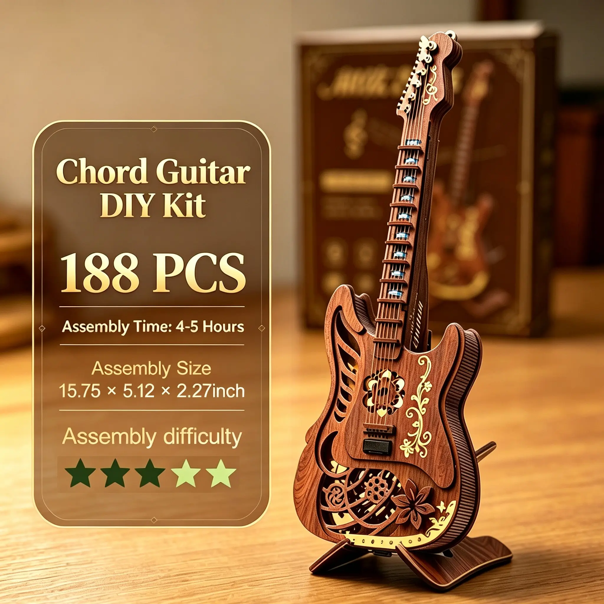 Cool Rock Steampunk Wooden Electric Guitar DIY Kit, Hand Assembly with Lights, Desktop Decor, Music Lover Gift, Collectible Item