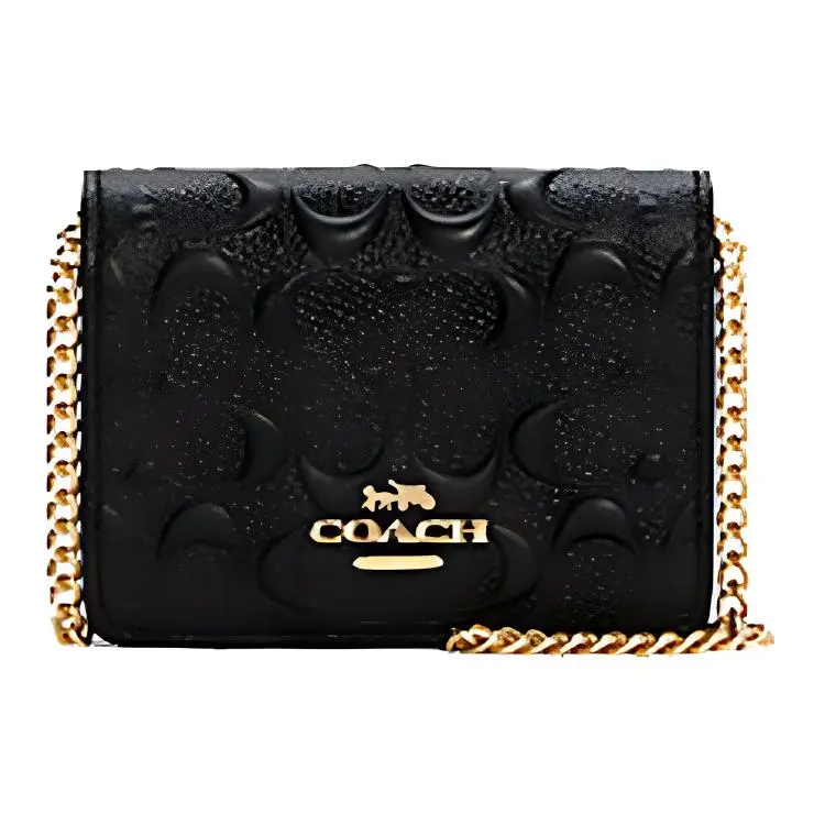COACH Classic Monogram Embossed Flap Chain Wallet Bag for Women, Mini Crossbody Shoulder Bag in Black