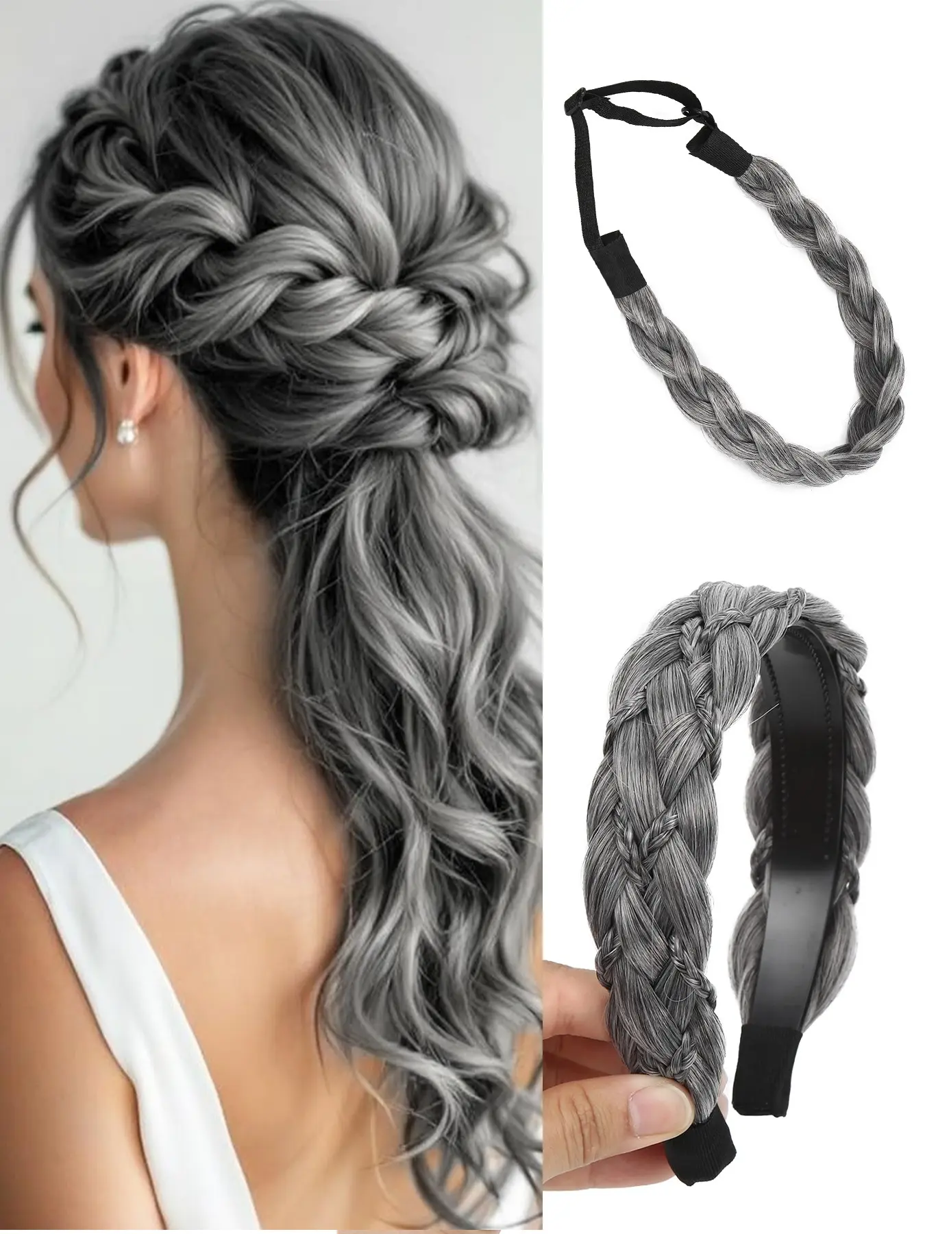 2-Pack: 14-Inch Braided Headbands, Fashion Headbands for Women, Synthetic Fiber Hairbands featuring a Pre-Stretched Braided Design and Non-Slip Comb Teeth. Perfect for Daily Wear, Parties, Carnivals, Music Festivals (Grey)