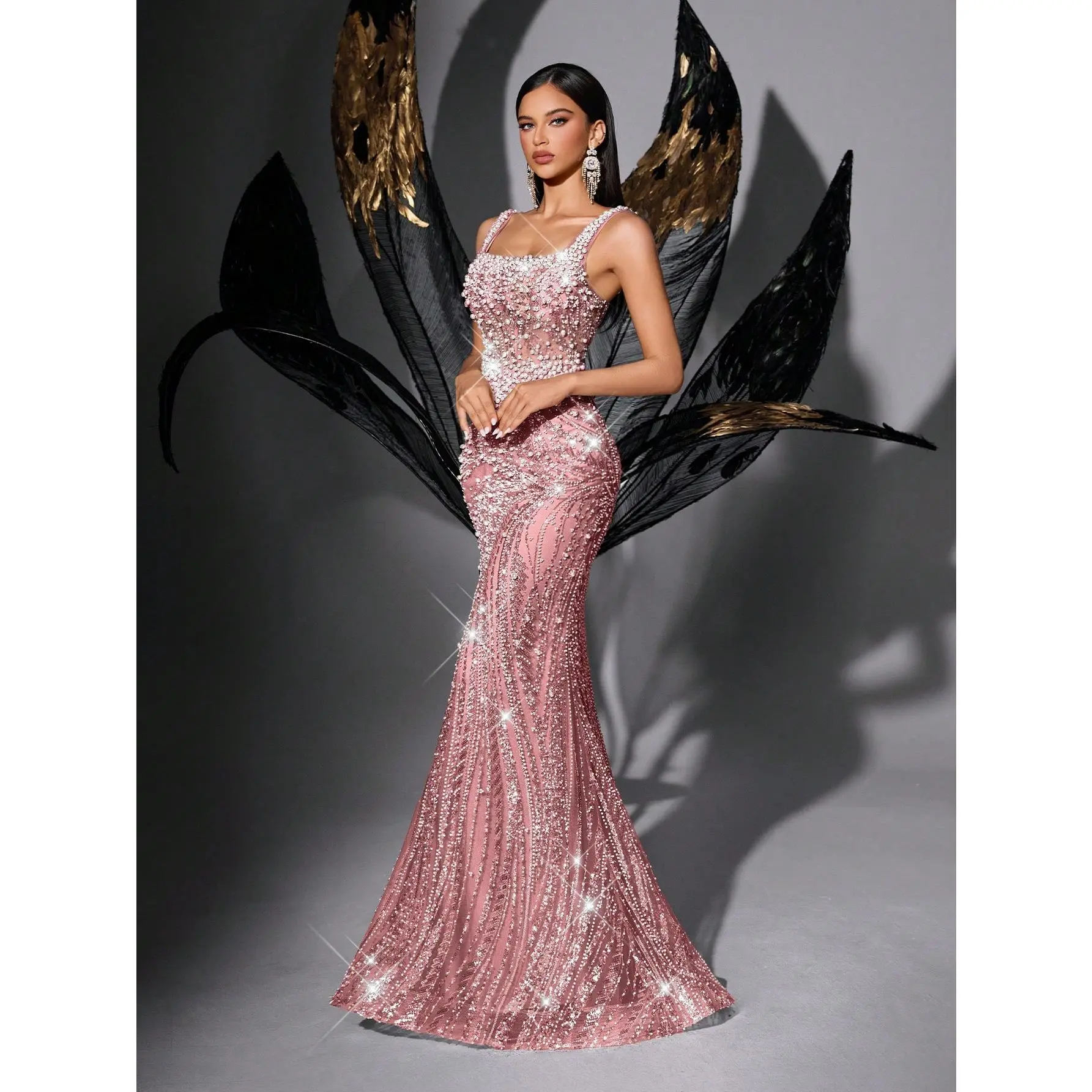 Women's Pink Square Neck Backless Beaded Rhinestone Fabric Mermaid Gown - Sleeveless, Bodycon, Floor-Length, Adjustable Waist Tightness, Elegant Formal Dress for Prom, Wedding Party, Summervibes Womenswear Breathable Check