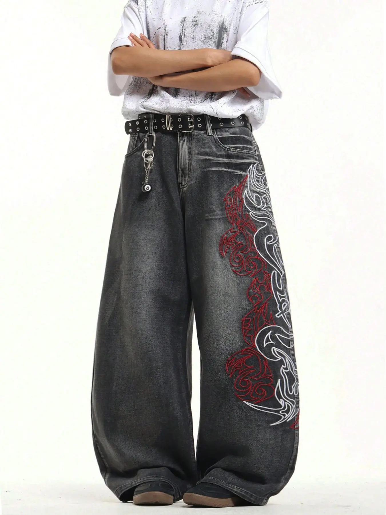 American Original Retro Dragon Embroidered Jeans, Men's Streetwear Loose-Fit Washed Design, Fashion Straight Leg Pants