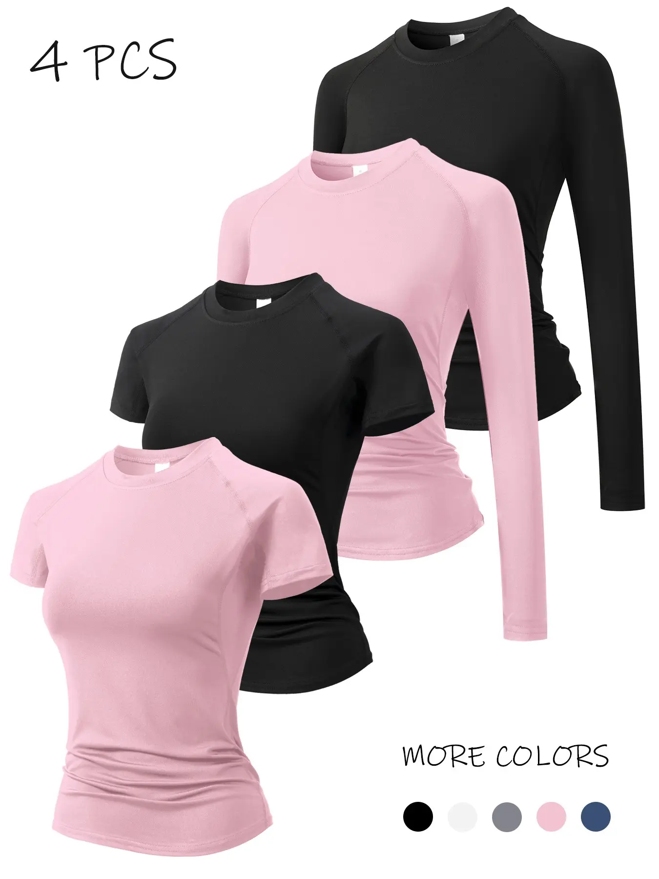 4-Piece Set Women's Sporty Compression Shirts, Yoga Running Workout Training T-Shirts, Quick Dry Stretchy Athletic Tees Tops, Long Sleeve & Short Sleeve Activewear Sportswear