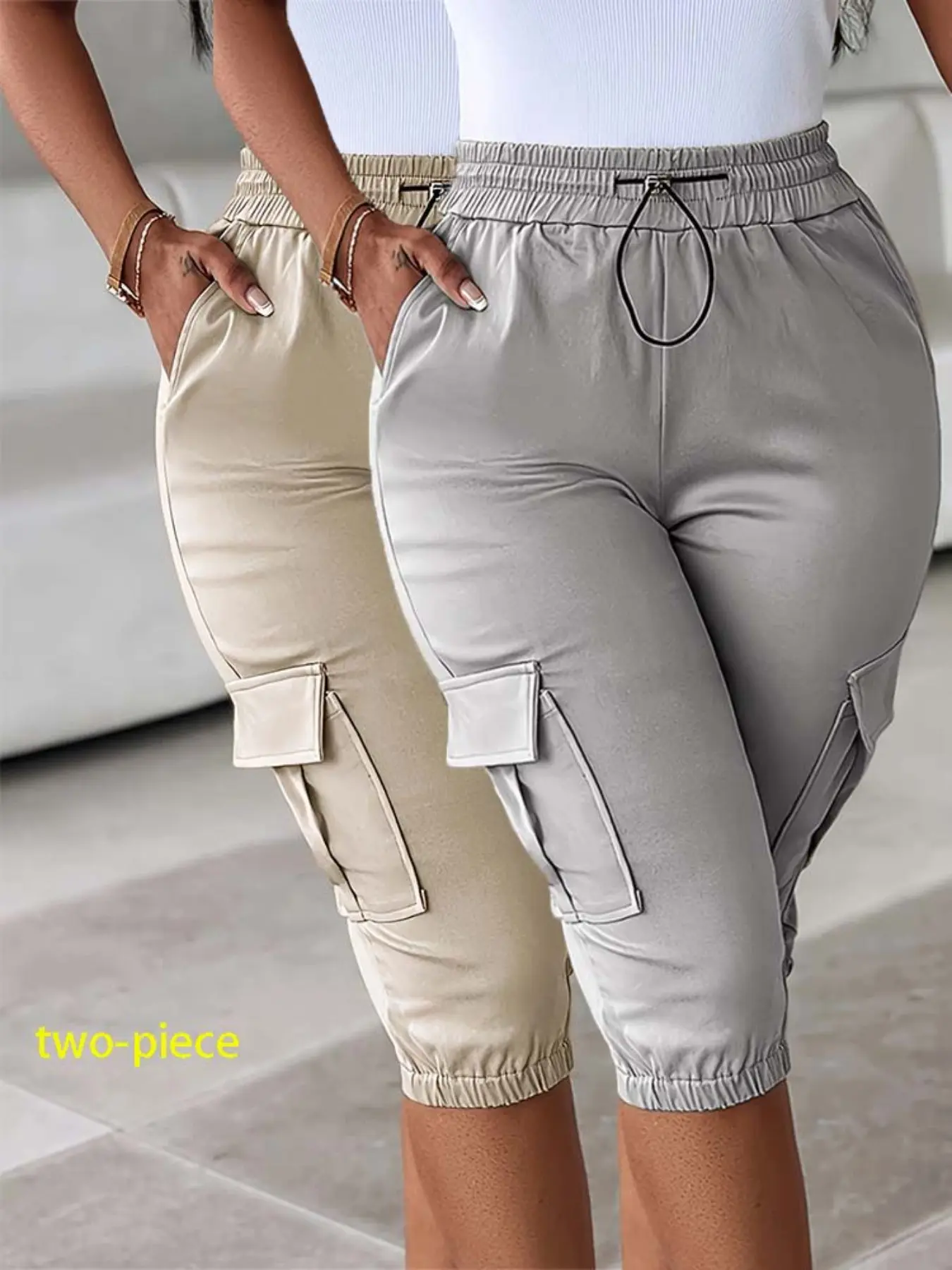 Women's Loose-Fitting Casual Cargo Trousers, Solid Color Seven-Quarter Pants, Elastic Waist, Fashionable Multi-Pocket Design, Everyday All Seasons, Womenswear, Bottoms for Lady