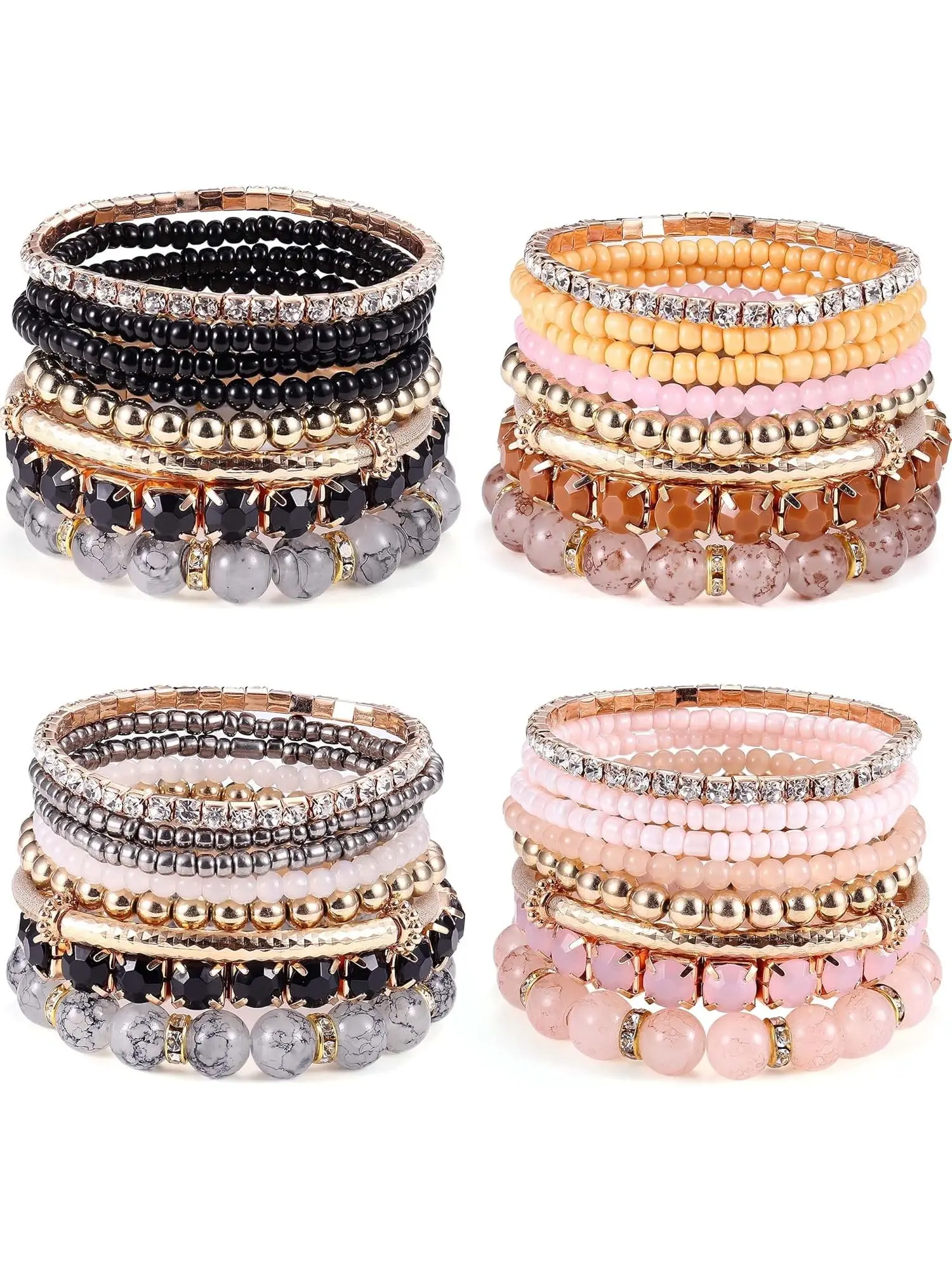 4 Packs Neutral Bohemian Layered Beaded Alloy Wrist Bracelet Sets for Women Men Durable Elastic Stretch Wrist Ornaments Dark Grey Marble Tone Peach Apricot Pastel Smoky Gray Monochrome Light Blush Pink Soft Tone Distinct Retro Coastal Vibe Ideal Accessory
