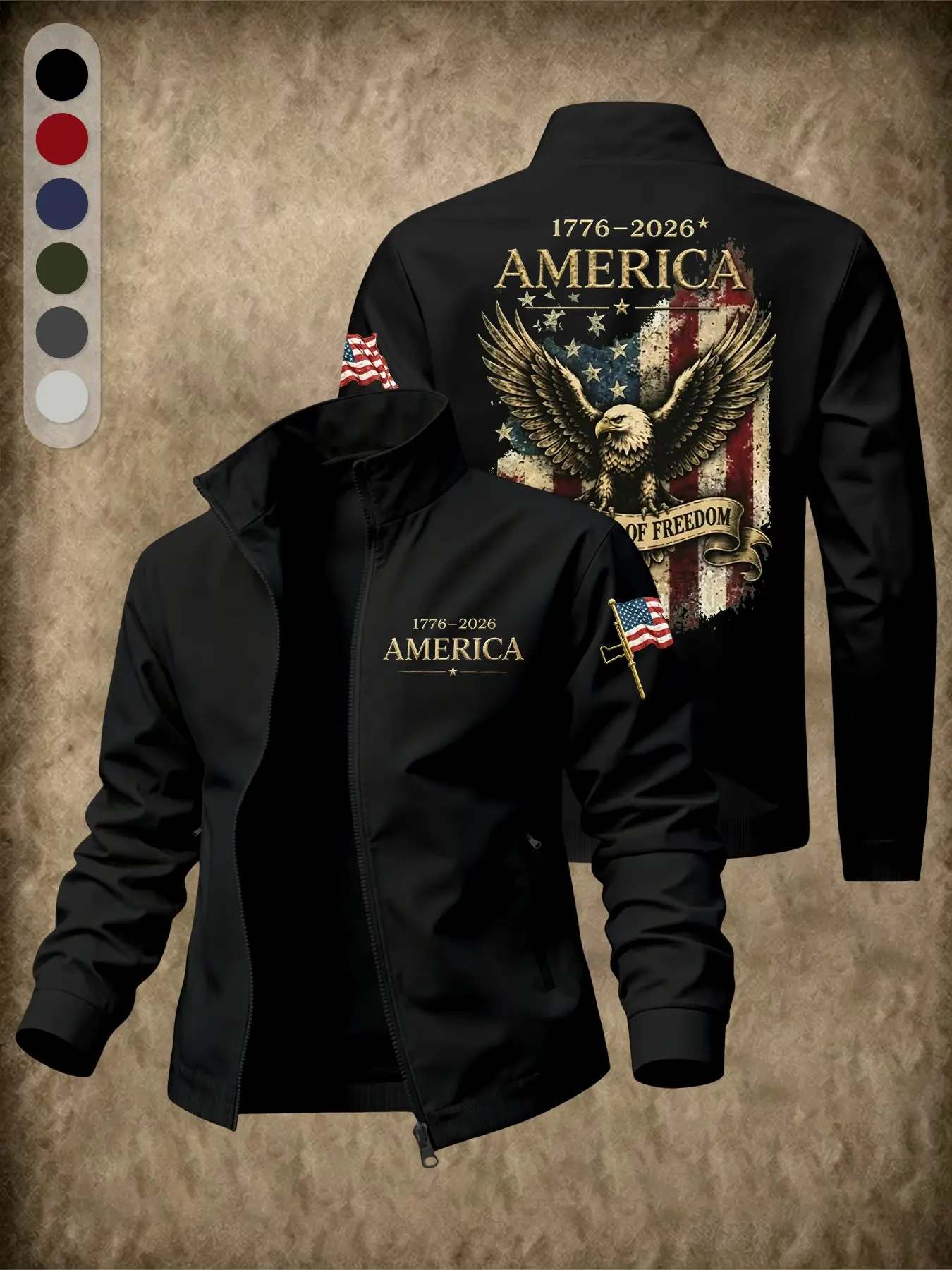 Men's Vintage American Flag Casual Jacket Long Sleeve Print, Lapel Collar Full Zipper Pocket Design, Sporty Outerwear for All Seasons, Perfect Gift for Veterans