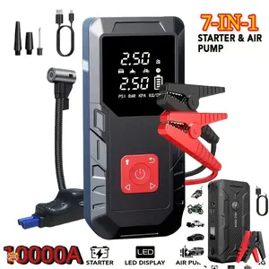 10000A Portable Car Jump Starter Optional10000A Portable Car Jump Starter (with 350PSI Tire Inflator) 7-in-1 Car Battery Charger Jump Starter Accessories And Tools LED Light USB Type-C And USB Output Interfaces Fast Charging Function