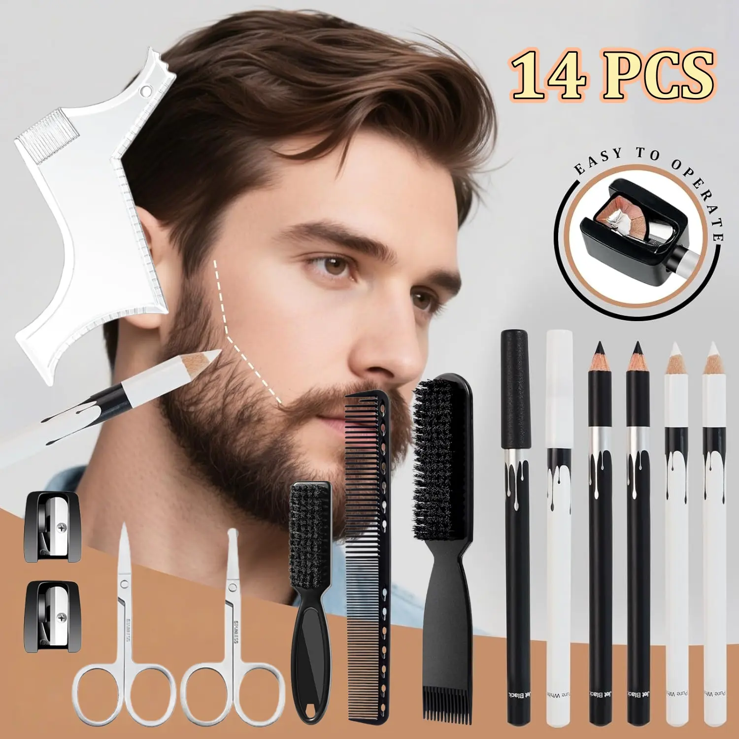 14-Pcs Male Beard Grooming Shaper Tool Kit - Haircare Shaping Aid for Beard Lineup Edging, Includes Scissors, White & Black Barber Pencil, Sharpener, Hairline Guide, Hair Brushes & Barber Comb