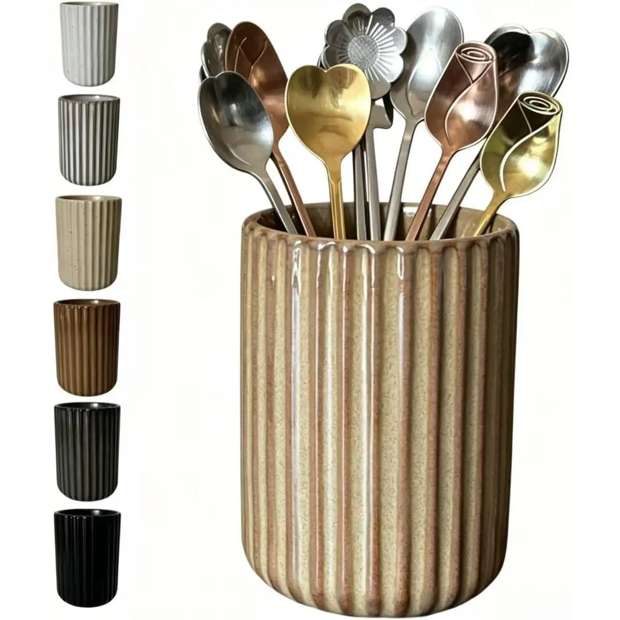 Stoneware Coffee Bar Utensil Holder  & Coffee Spoon & Stirrer Holder for Stir Stick Straw Teaspoon Holder Espresso Spoon Cup Small Utensil Jar Fluted Vertical Stripe (Rustic Brown)