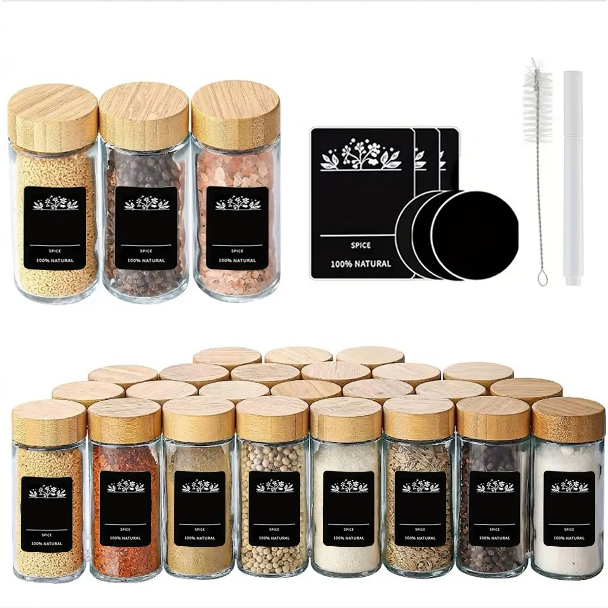 8/12/24pcs Glass Seasoning Condiment Bottles Set with Pen and Label, 4oz Round Spice Jars with Wood Grain Lid, Ideal for Spice Rack, Cabinet, Drawer