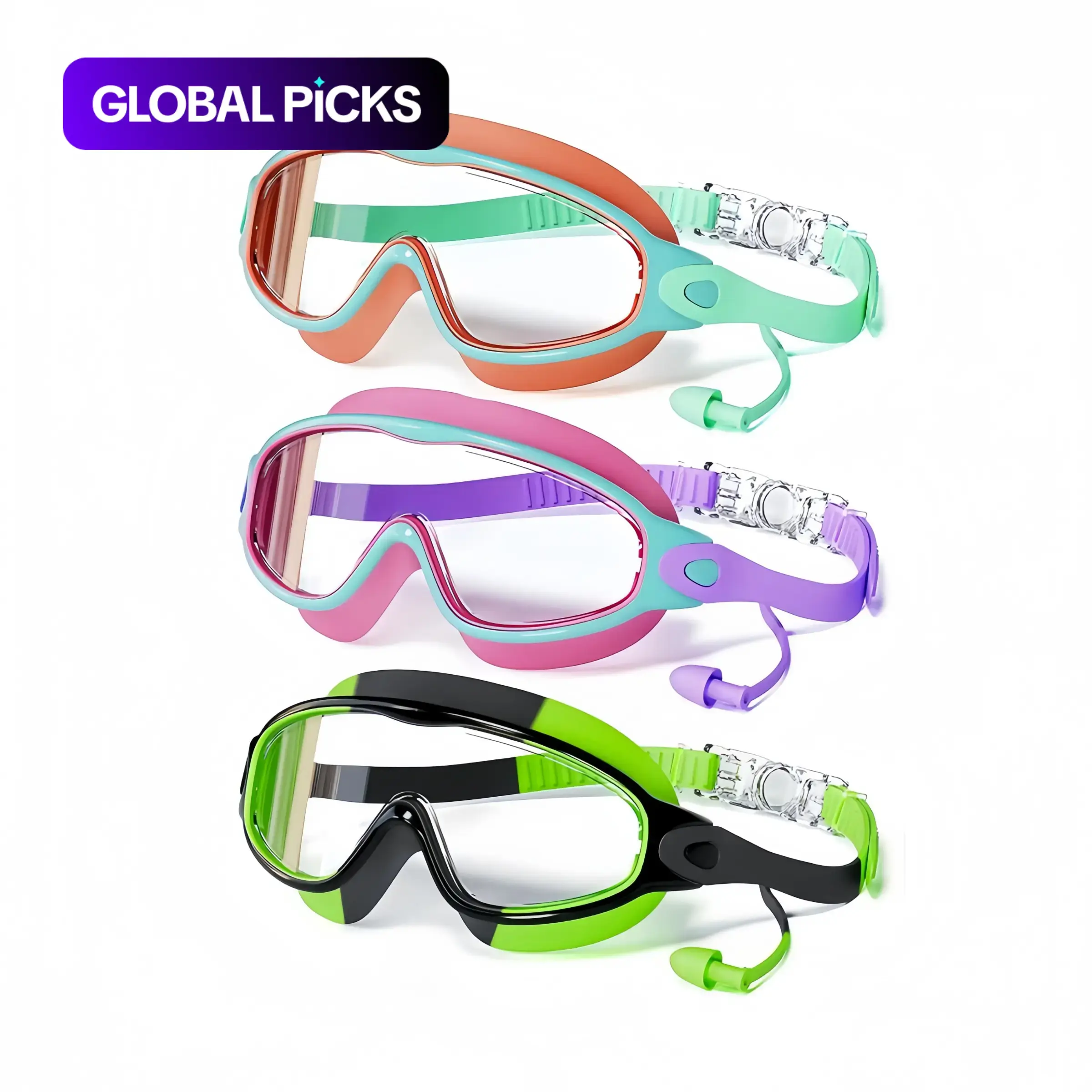 Three-Piece Swimming Pool Goggles Set for Kids, Anti-Fog UV Protection Wide View, Earplugs & Nose Clip Included, Suitable for Boys & Girls 4-12, Swimming Accessories #GLOBAL PICKS