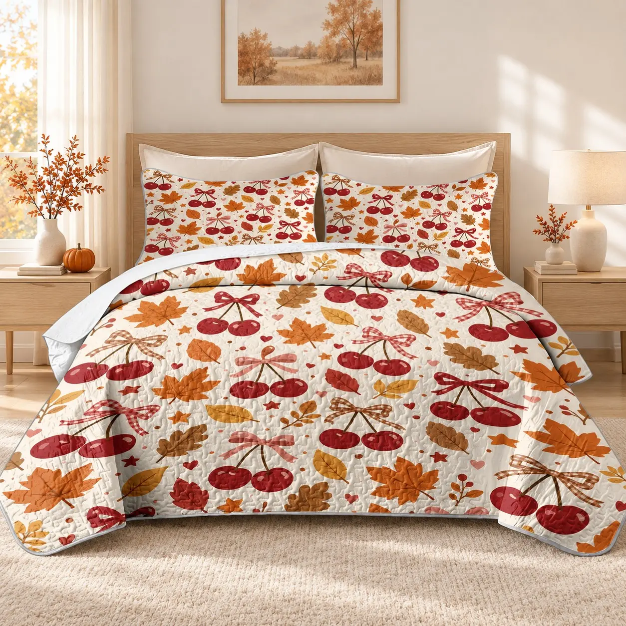 3 Pcs Fall Cherry Bow Bedspread Quilt Set, Autumn Maple Leaf Coquette Print, Quilted Coverlet with 2 Pillow Shams, Cute Farmhouse Bedding, Thanksgiving Bedroom Decor, King Size Bedspread, Queen Size Bedspread & Full Size Bedspread, Cozy Bedding Set