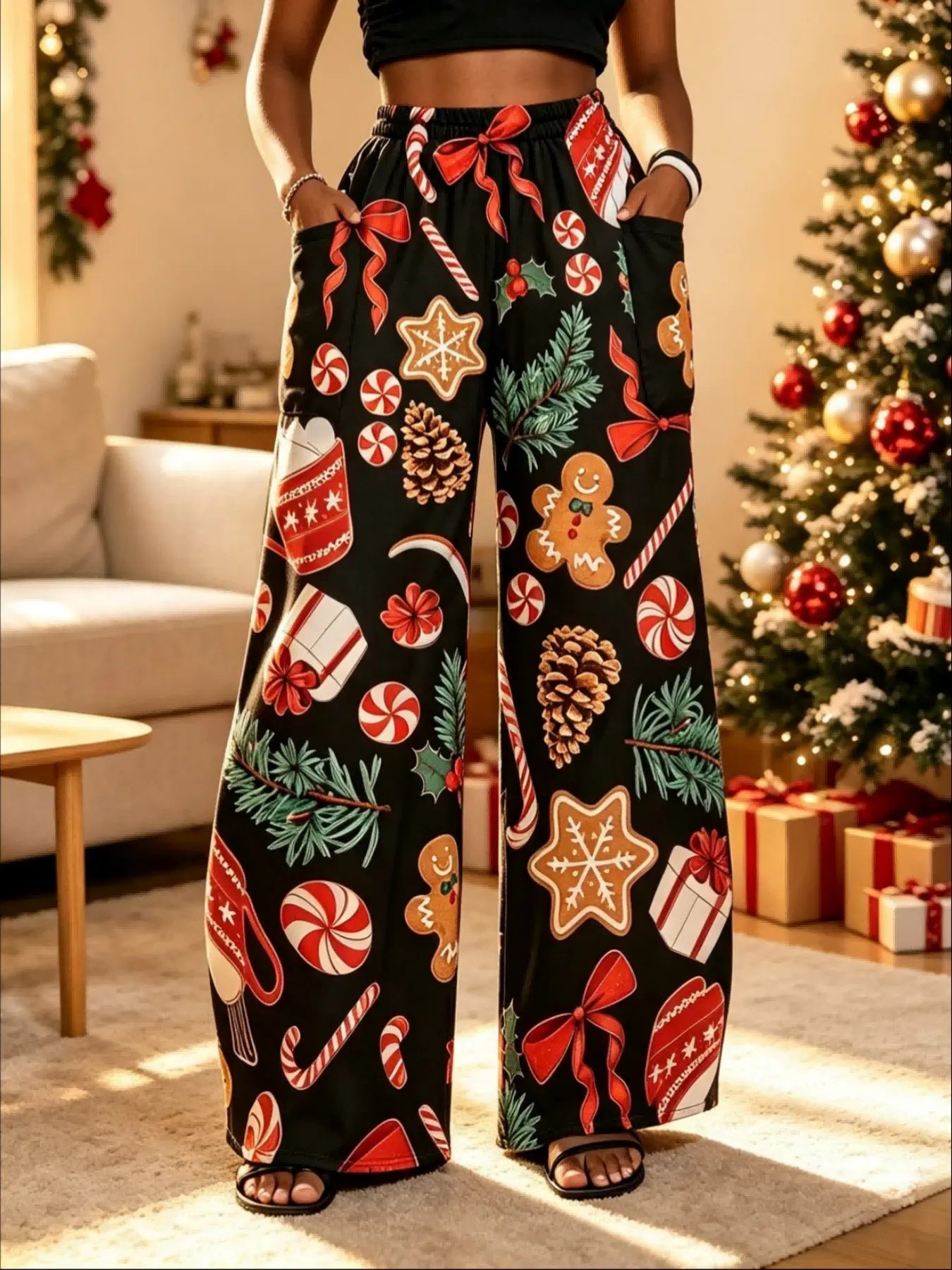1Pc Plus Size Women Christmas Gingerbread Print Wide Leg Pants, Casual Loungewear, Elastic Waist with Side Pockets, Holiday Home & Daily Outfits, Xmas Wear Trousers