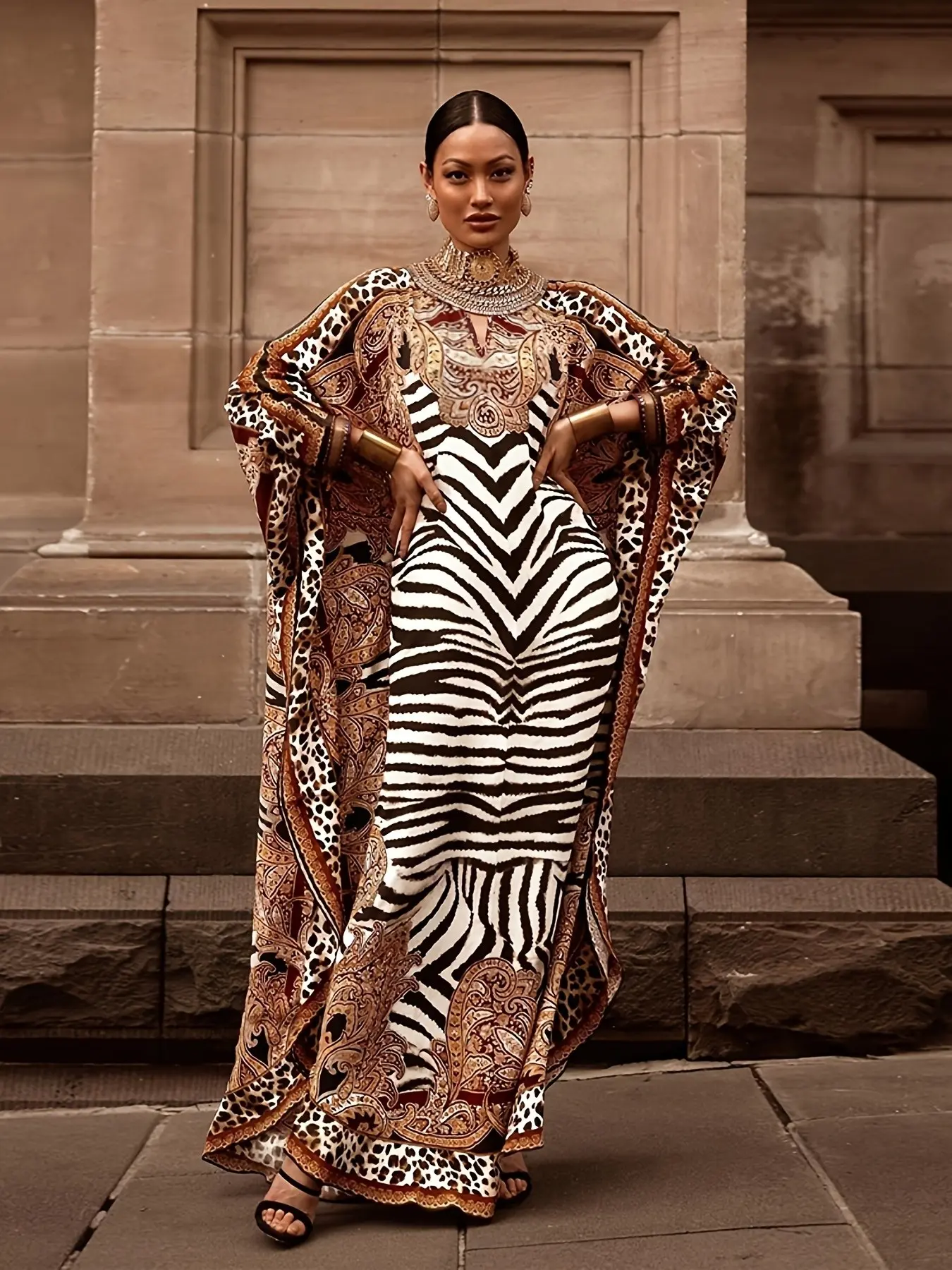 Women's Zebra Print Leopard Patchwork Robe, Loose Batwing Sleeve V Neck Long Dress, Ethnic Style Beach Cover-Up, Party Wear
