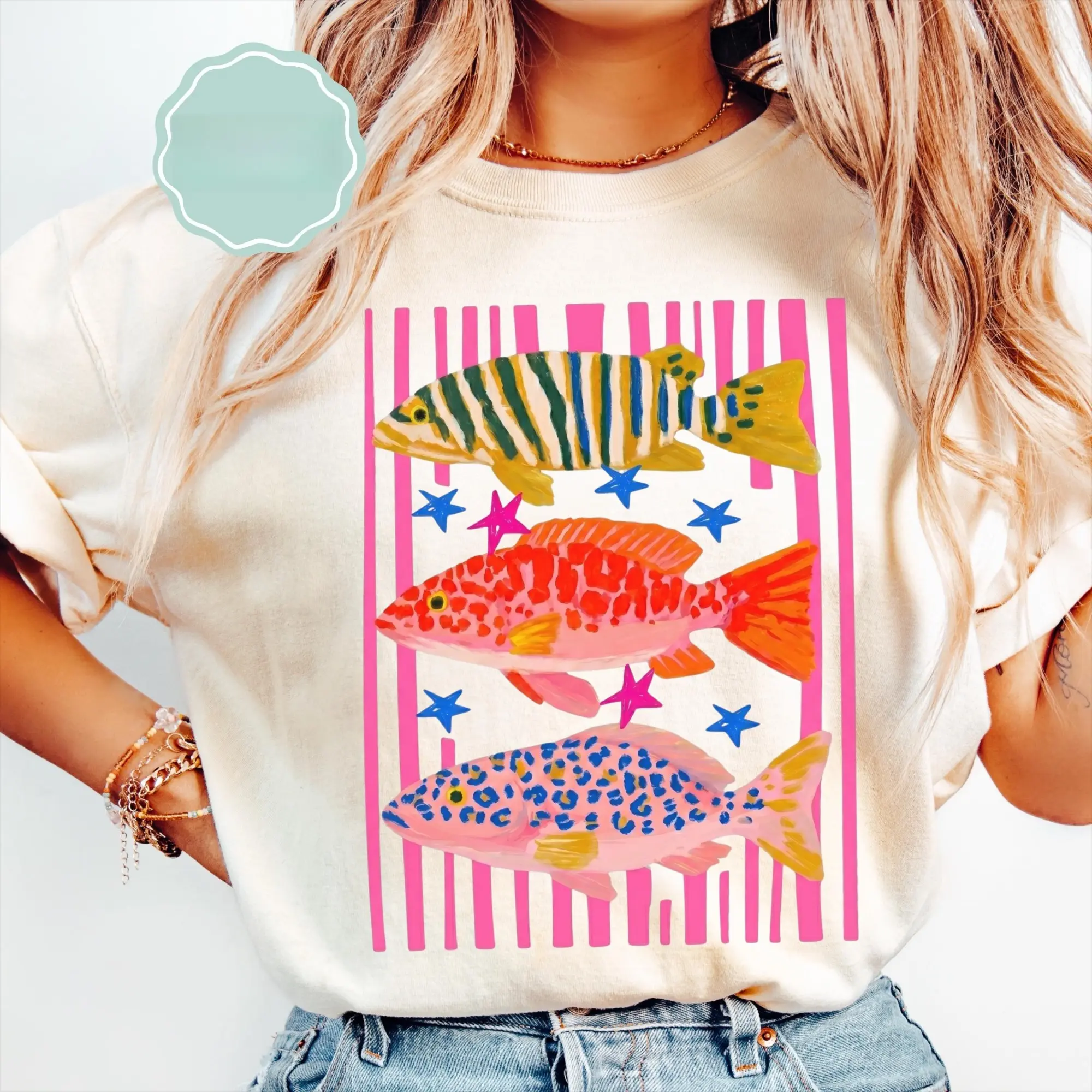 Fish-print T-shirt — Bohemian-style summer T-shirt — Seaside beach T-shirt — Tropical bright fish-print T-shirt — Vintage marine life graphic T-shirt — For fish enthusiasts and ocean-style lovers