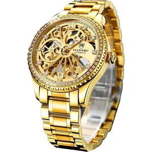 Luxury  Automatic Mechanical Watch for Men - Skeleton Dial with Mock Tourbillon,  Markers & Bezel, 9mm Thin Case Stainless Steel Band, Self-Winding Wristwatch