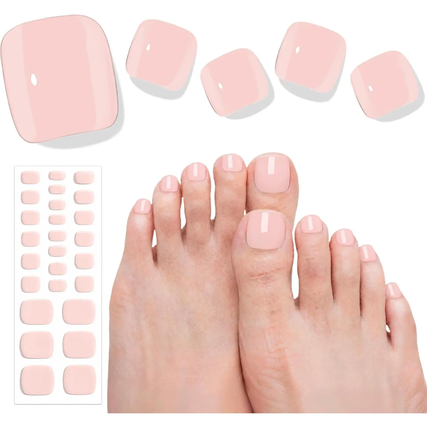 26 PCS Salon Quality Toe Gel Nail Strips for All UV Light Longlasting Easy Remove Toe Nail Wraps Art Kit for Women Sheer Pink