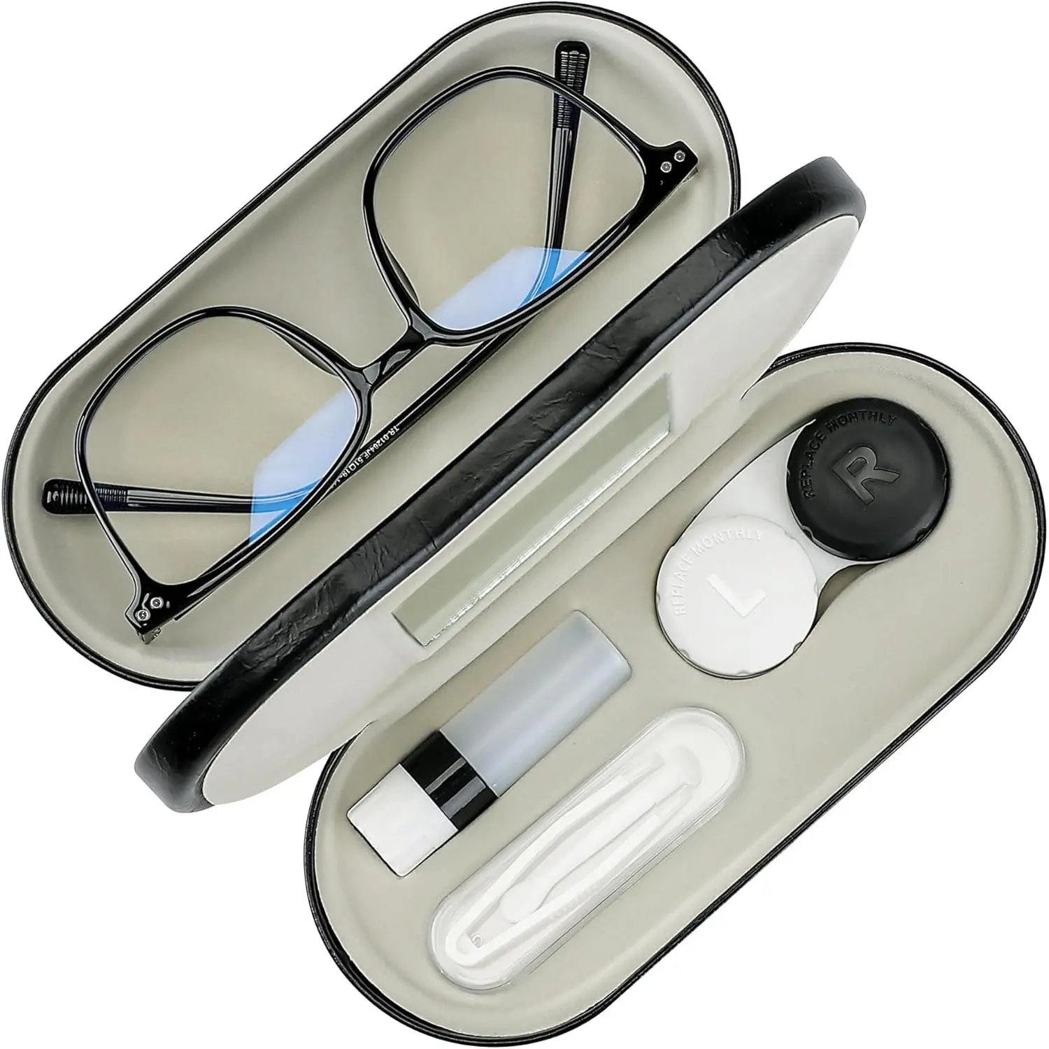 Unisex Compact Double-Sided 2-in-1 Leather Contact Lens & Glasses Combo Case Kit - Flannel, Smooth Double Hinge, Scratchsafe Flannel, Mirror, Tweezer, Solution Bottle for Travel, Solution on Hand (Black)