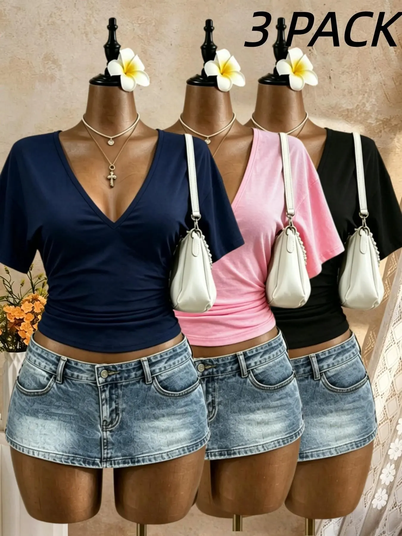 3-Pack Women's Solid Deep V-Neck Side Drawstring Ruched Short Sleeve T-Shirts, American Style Slim Fit Basic Top Set