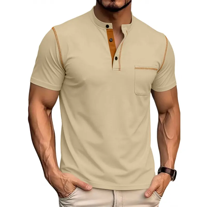 Men's Henley Neck Button Front Color Block Twill Short Sleeve Polo Shirt, Plus Size Fashion, Breathable Polyester Mix, All Season Casual, Machine Washable, Plus Sizes, Stripped Look, Menswear, Shortsleeve