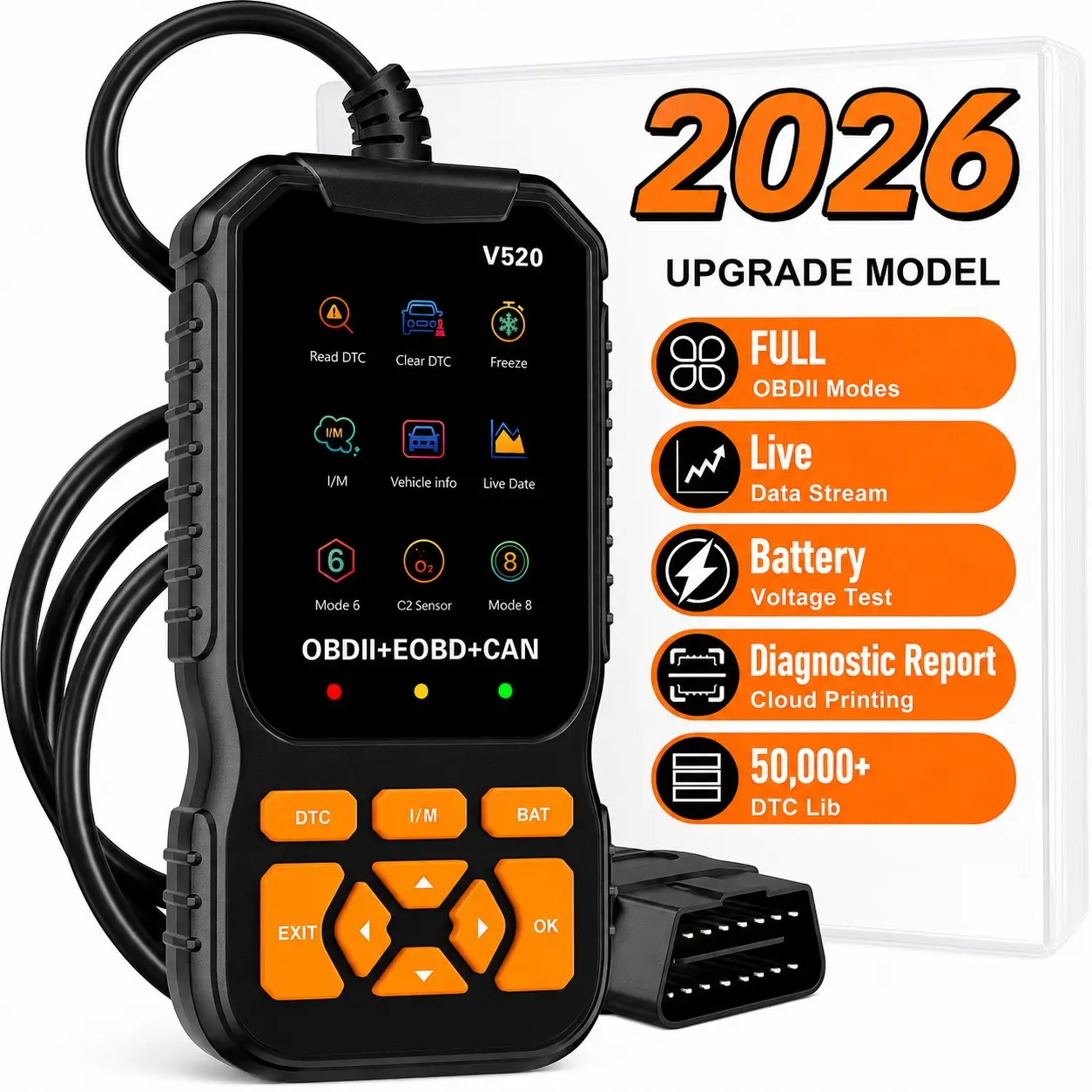 V520 Professional Automotive Obd2 Scanner, Engine Fault Code Reader, Live Data Monitor, Check Engine Light Diagnostic Tool, 8 Languages, Battery-Free Design