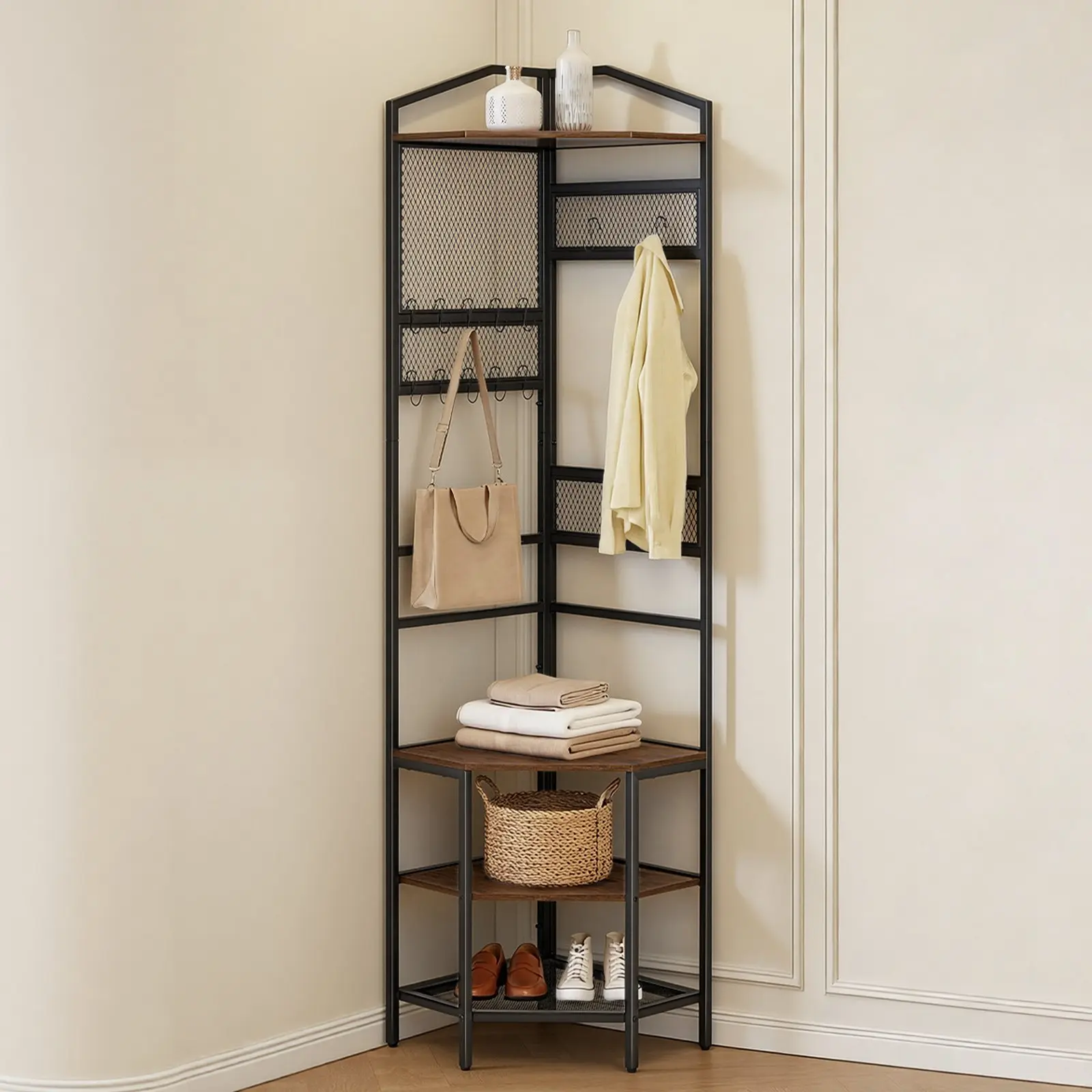 【Summerfinds】VEVOR Corner Hall Tree, 71.3 in Coat Rack with Hooks, Top Shelf Steel Frame, Freestanding Clothes Shoes Rack Storage Organizer with Anti-Tip Set, Adjustable Non-Slip Feet for Entrance Closet Office