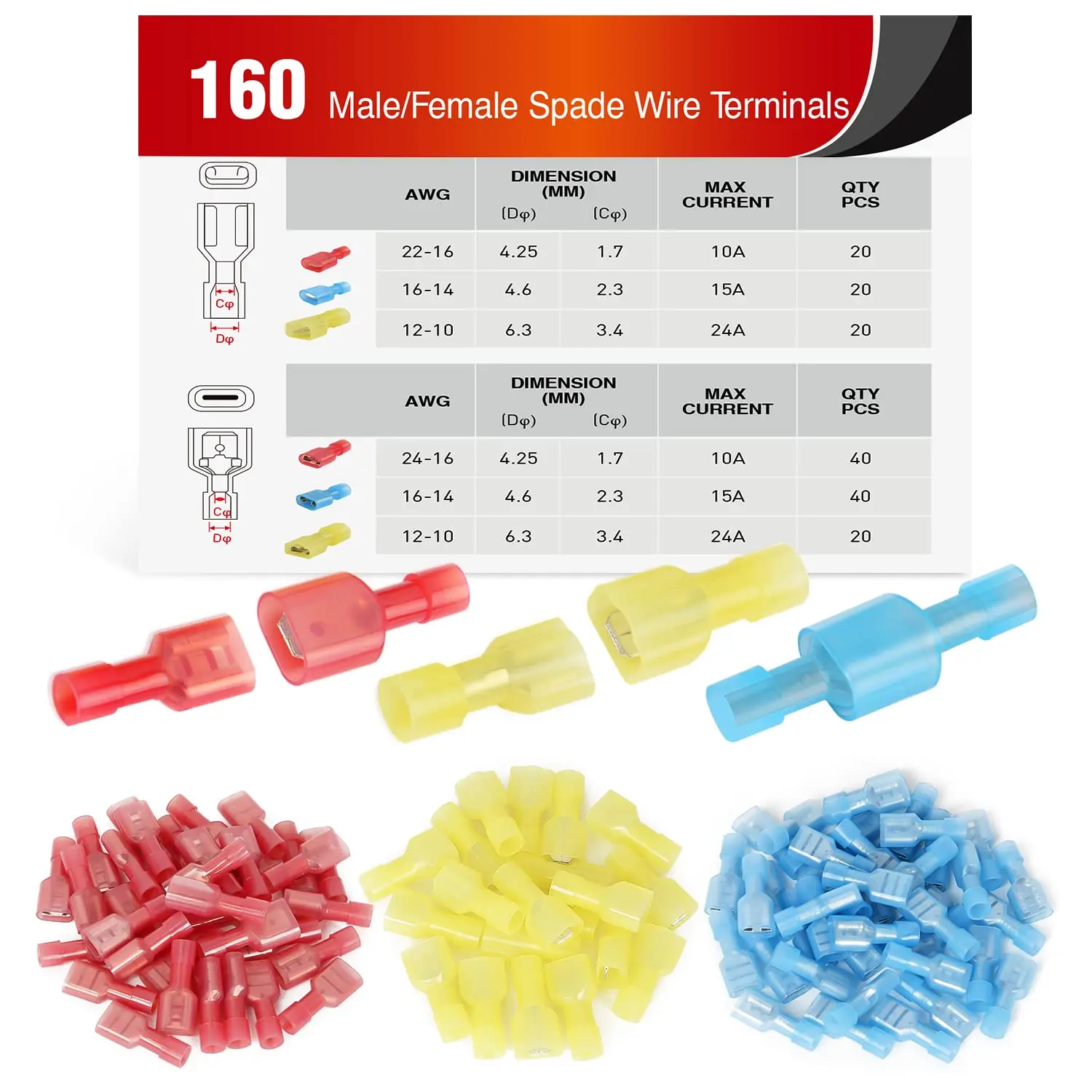 Nilight 400 Pcs Spade Terminals Nylon Quick Disconnect Terminals Male and Female Spade Connectors Kit Electrical Insulated Wire Crimp Terminals Assortment Kit