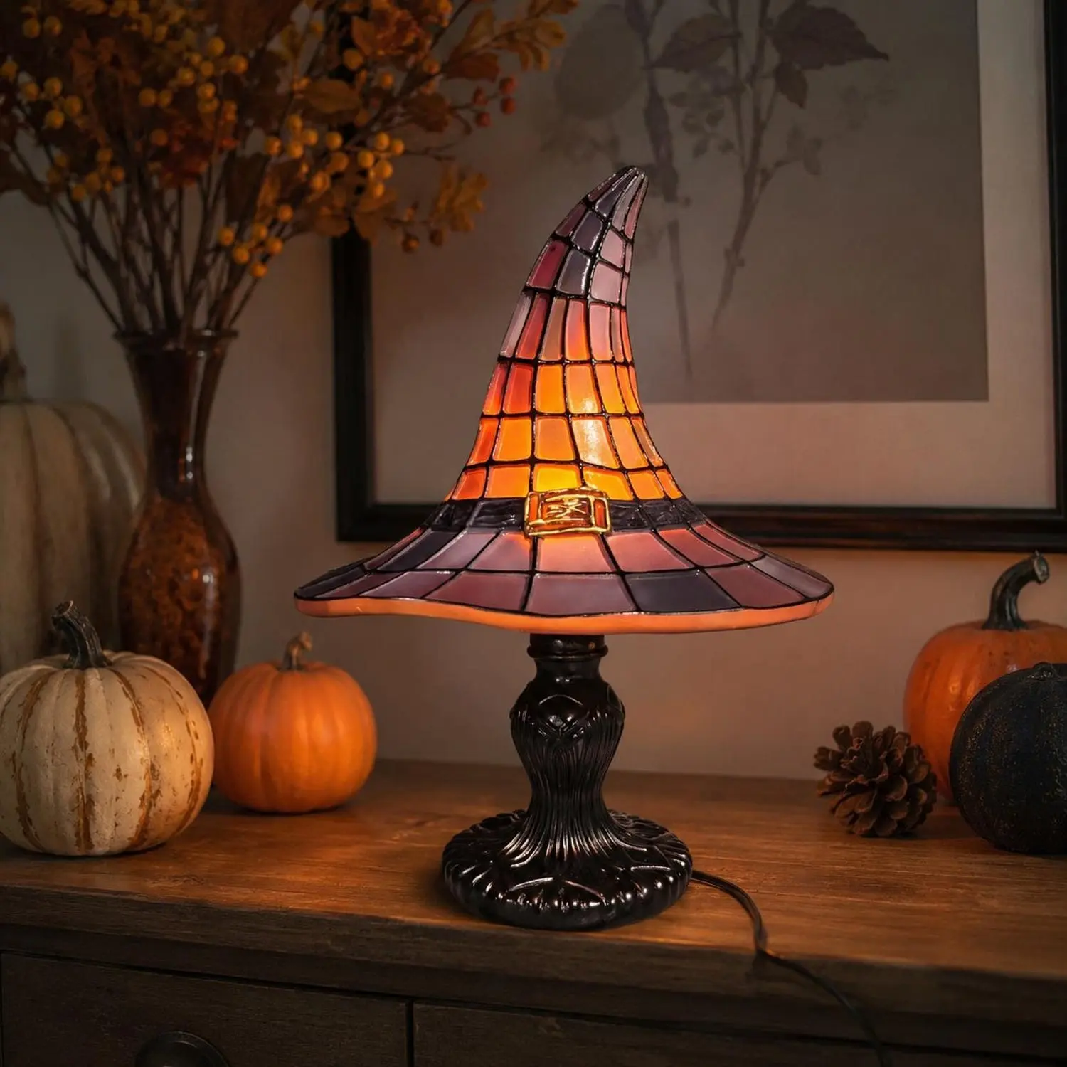 Halloween Witch Hat Lamp, Stained Glass Style Night Light, Gothic Spooky Fall Decor, Stained Glass Witch Hat Lamp - Handcrafted Retro Resin Witch Lamp, Magical Gothic Wizard Hats Night Light, Halloween Home Decor Accent Lamps for Bedroom & Bookshelf