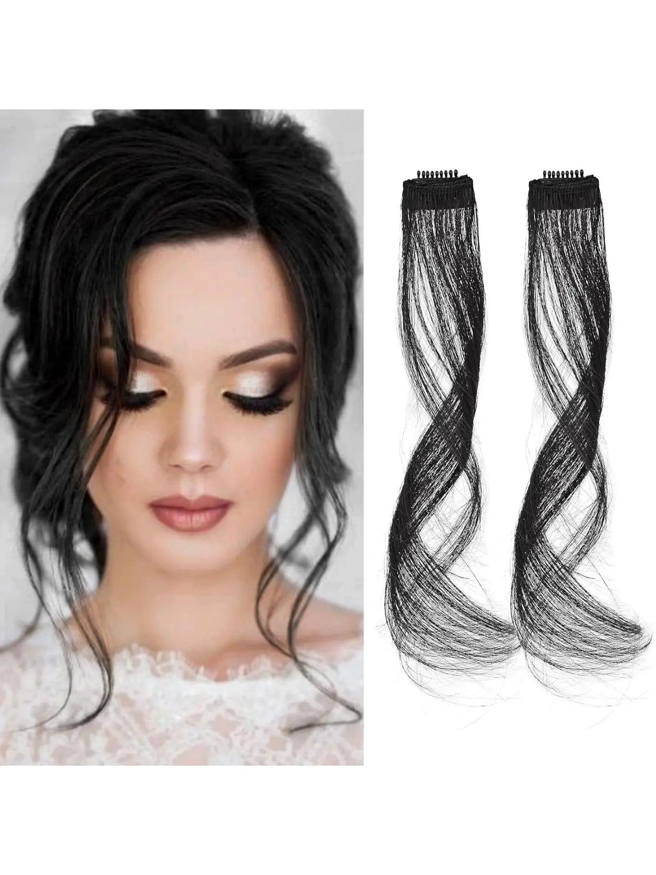 Long Side Air Bangs, Wavy Curly Clip in Bangs Front Side Bangs for Women Daily Use 2 PCS Set Synthetic Hairpieces Long Temples-Natural Black
