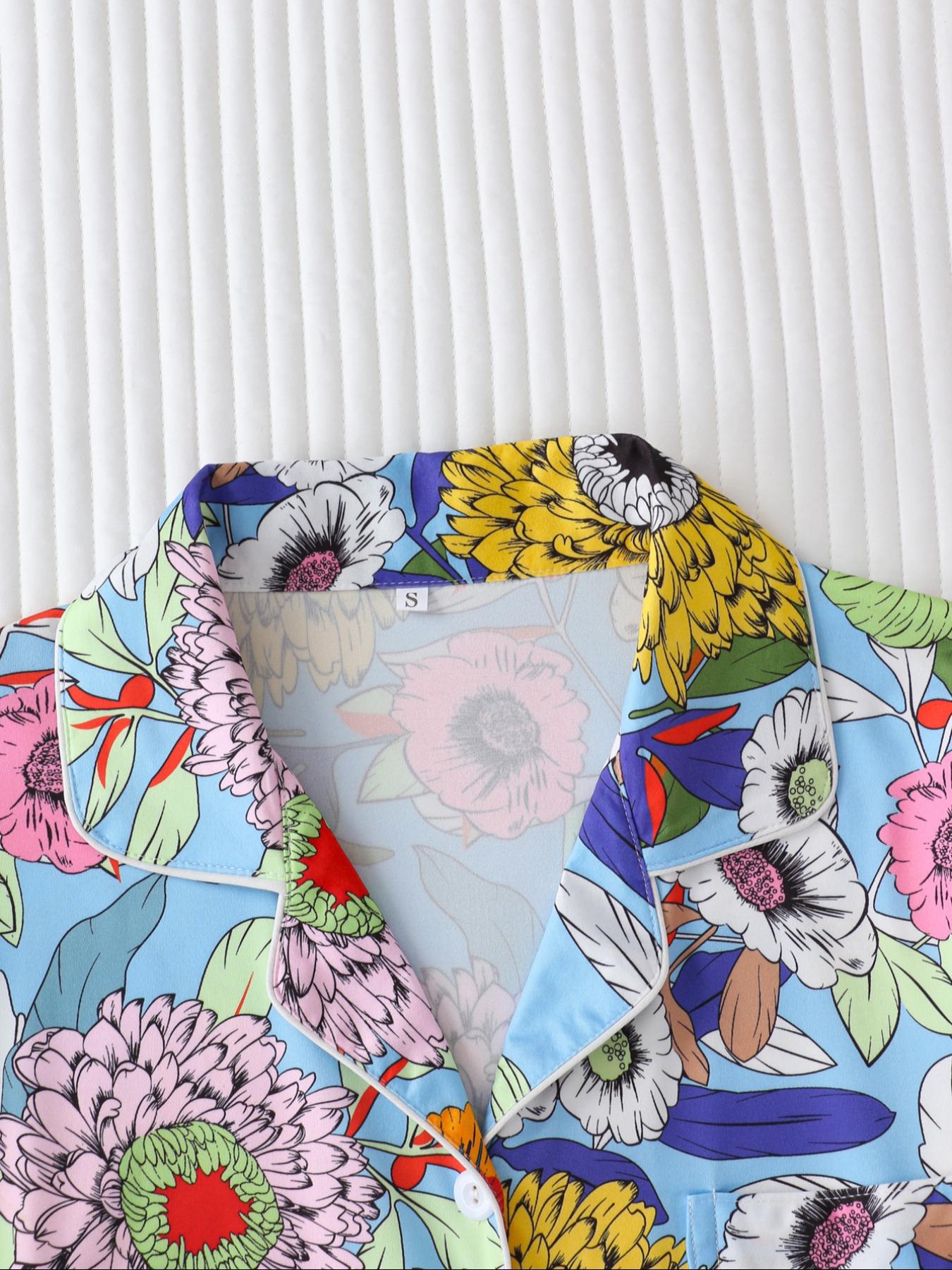 Women's Floral Print Lapel Neck Button Front Shirt & Elastic Waist Shorts Pyjama Two-piece Set, Casual Comfy Short Sleeve Pocket Top & Shorts Pj Set, Ladies Summer Sleepwear, Cute Pajama Sets Women, Pajamas, Button Closure Top