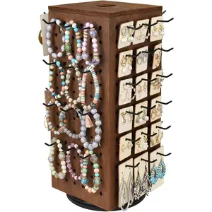 Wooden Rotating Four-Sided Pegboard Jewelry Accessories Rack, Rotating Jewelry Display with a Lid for Large Inner Storage Space, 48 Removable Black Hooks, Brown Color