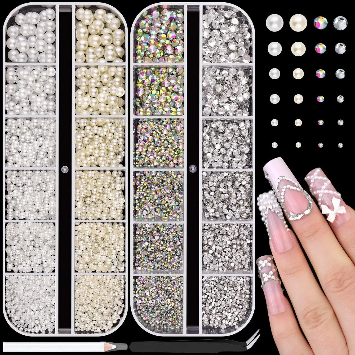 Nail Art Pearl Rhinestone Set, Nail Art Supplies, Nail Art Products, Half Moon Ivory/ Pearls, Ab Rhinestones with Applicator, Ideal for Nail Art, Face Decoration, DIY Crafts