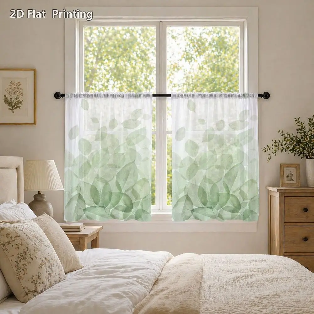 2pcs Natural Light Green Leaf Print Rod Pocket Short Sheer Curtain, 100% Polyester Breathable Light Filtering Privacy Window Curtains, Washable Decor Drapes for Home Office Coffee Shop Farmhouse Living Room Bedroom