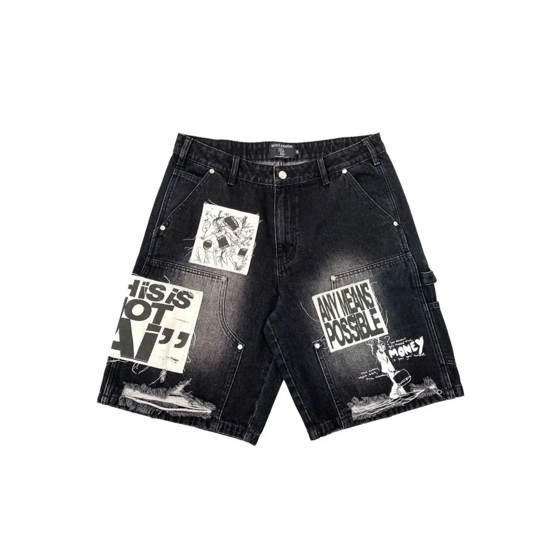 MIXED EMOTION Patch Denim Shorts 100% Cotton Loose Oversized Y2K Distressed Faded Black Patchwork Carpenter Jorts Casual Summer Streetwear Jeans Bottoms Men Women Unisex,back to school,back to school haul