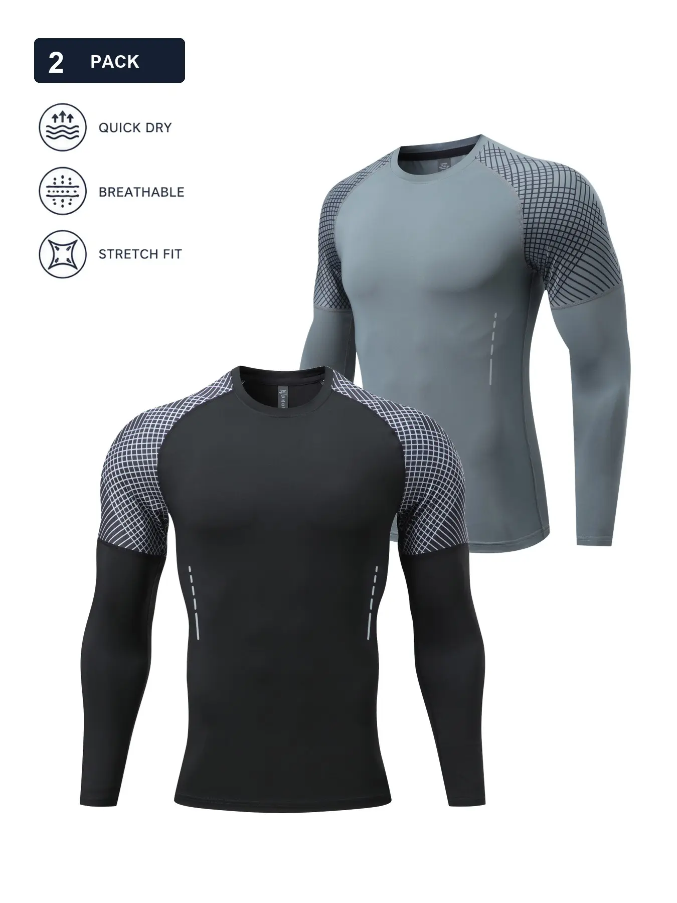 2-Pack Men’s Long Sleeve Compression Shirts, Dry Fit Active Black and Dark Gray Quick-Dry Breathable Stretch Athletic Base Layer Tops with Grid-Print Raglan Sleeves for Gym, Running, Football and Training, Athletic Sportswear