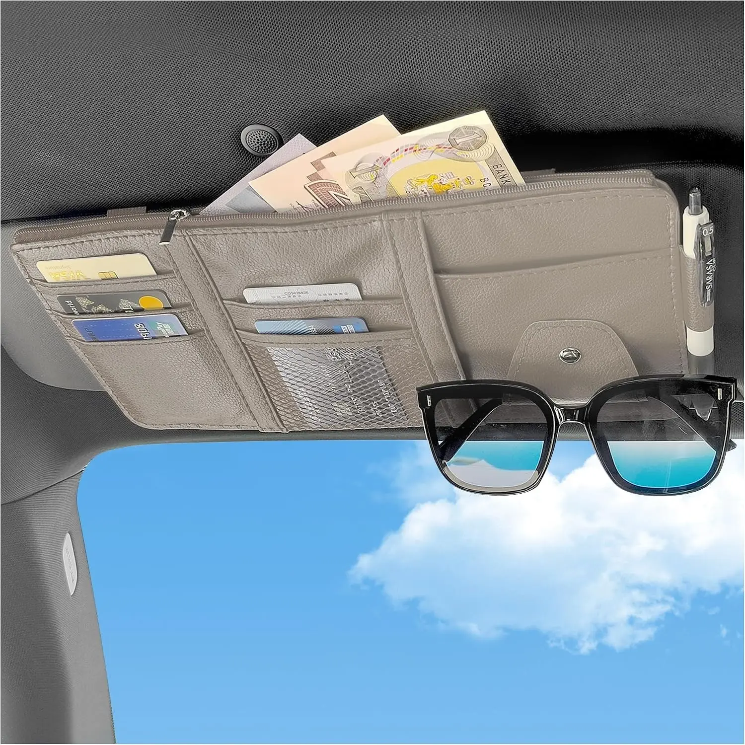 Car Sun Visor Storage Bag with Sunglass Holder, Multi-Functional Zippered Car Organizer, Holds Cards, Coins, Tickets, Leather Interior Accessories
