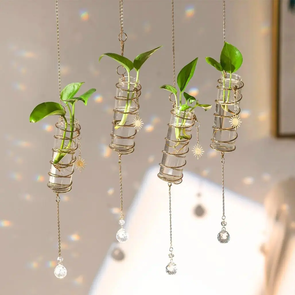 Plant Propagation Station with Crystal Suncatcher - 4-Piece Boho Hanging Glass Jars & Window Rooting Vase, Rainbow Maker Botanical Decor & Plant Lover Gift