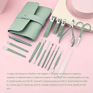 16-Piece Matcha Portable Manicure Kit, Nail Clippers, Eyebrow Trimmer, Pore Needle, Ear Spoon, Dead Skin Remover, Home Beauty Tools