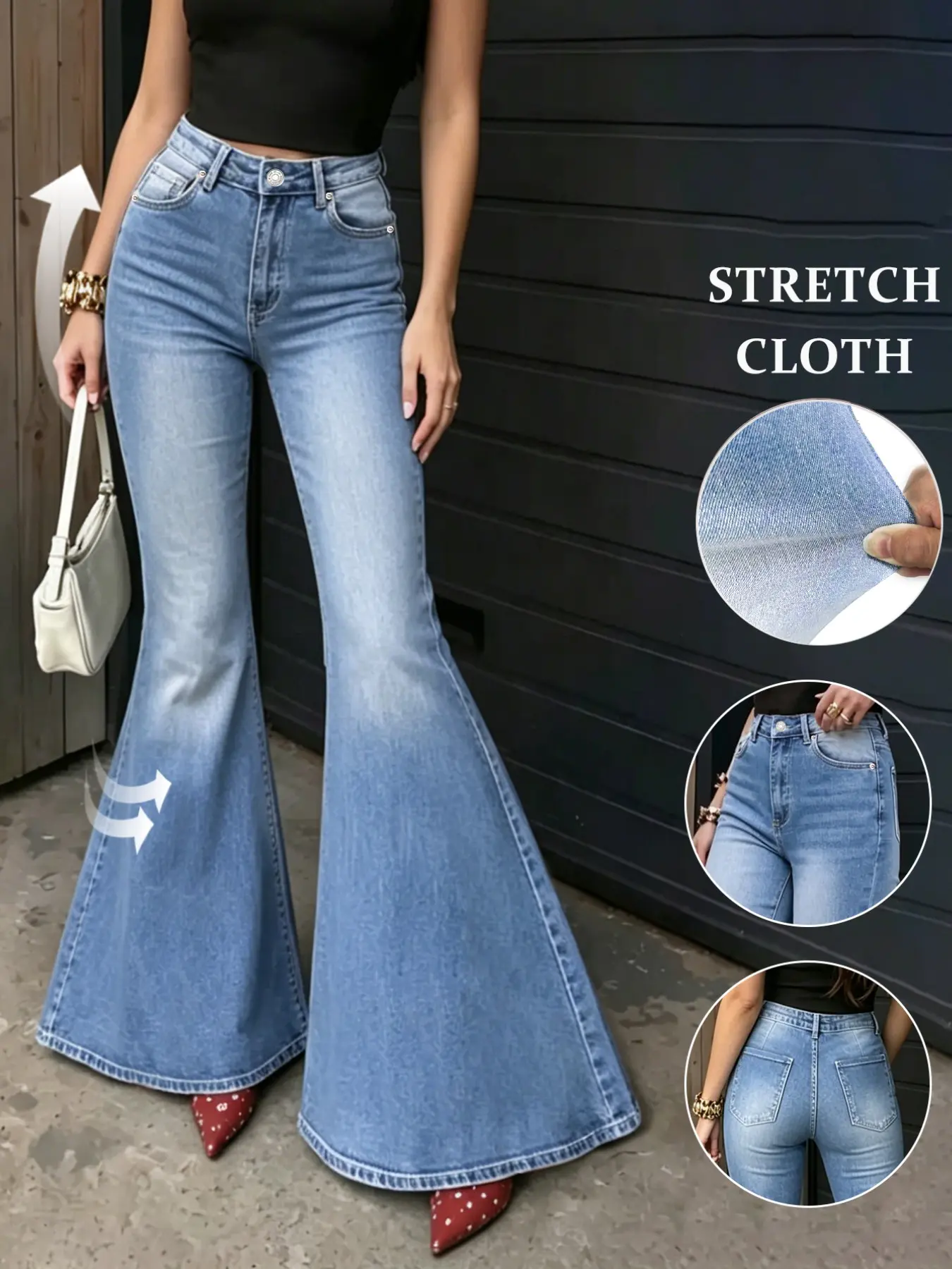 Women's Fall Mid-Waist Washed Stretch Tight Bell Bottom Jeans, Butt Lifting Slim Fit Large Bell Design, Christmas Atmosphere, Fashion Jeans