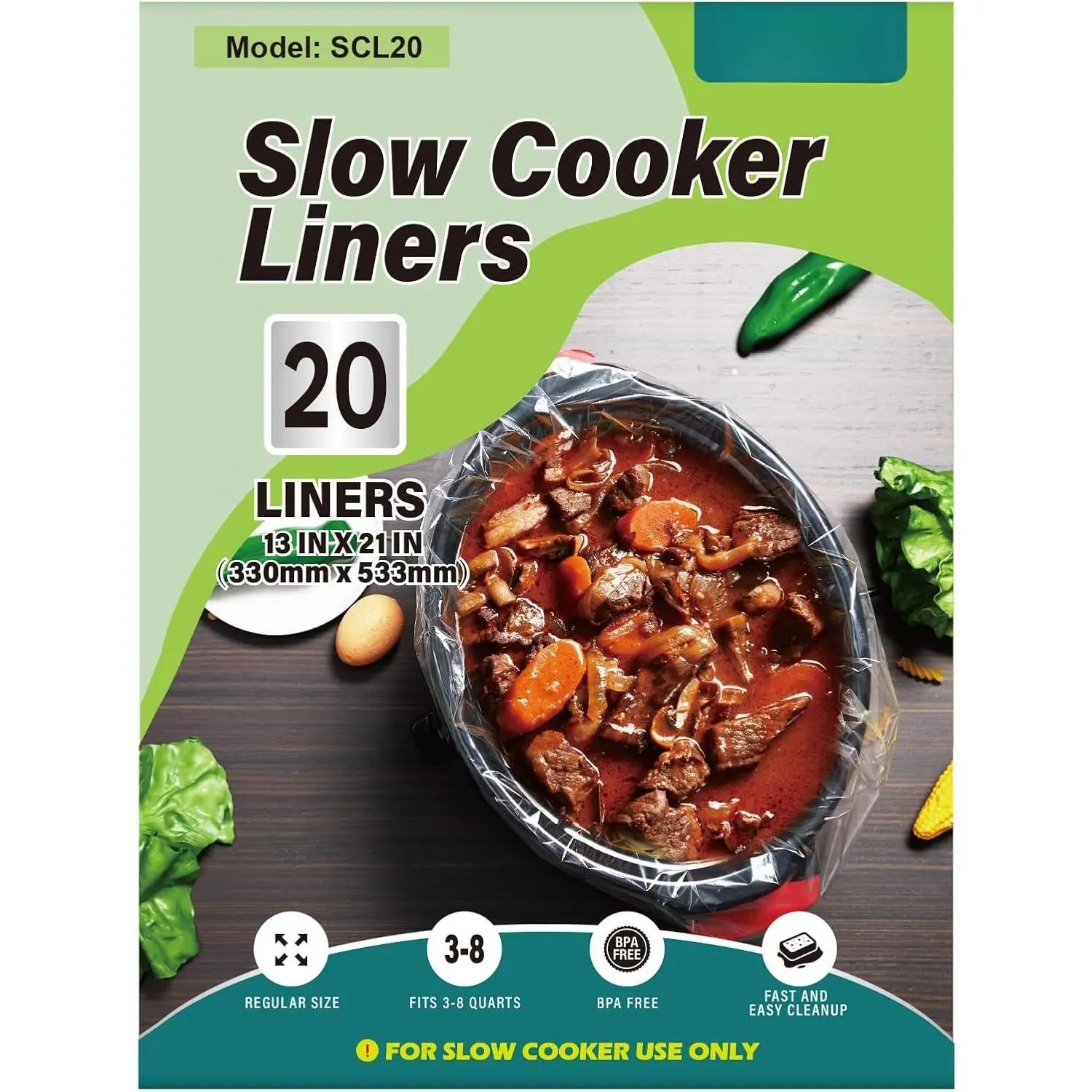 Slow Cooker Liners, 20 Count Cooking Bags Large Size Disposable Pot Liners Plastic Bags, Fit 3QT to 8QT for Slow Cooker Cooking Trays, 13"x 21", 20 Liners