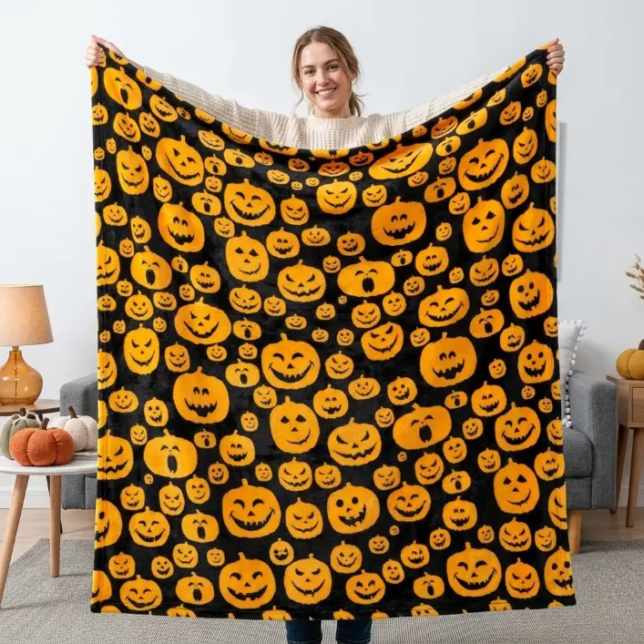 Halloween Fleece Couch Throw Blanket, 60x80 in Soft Plush Warm Black Fall Cabin Blanket with Orange Pumpkin Design for Home Room Decor, Modern Throw