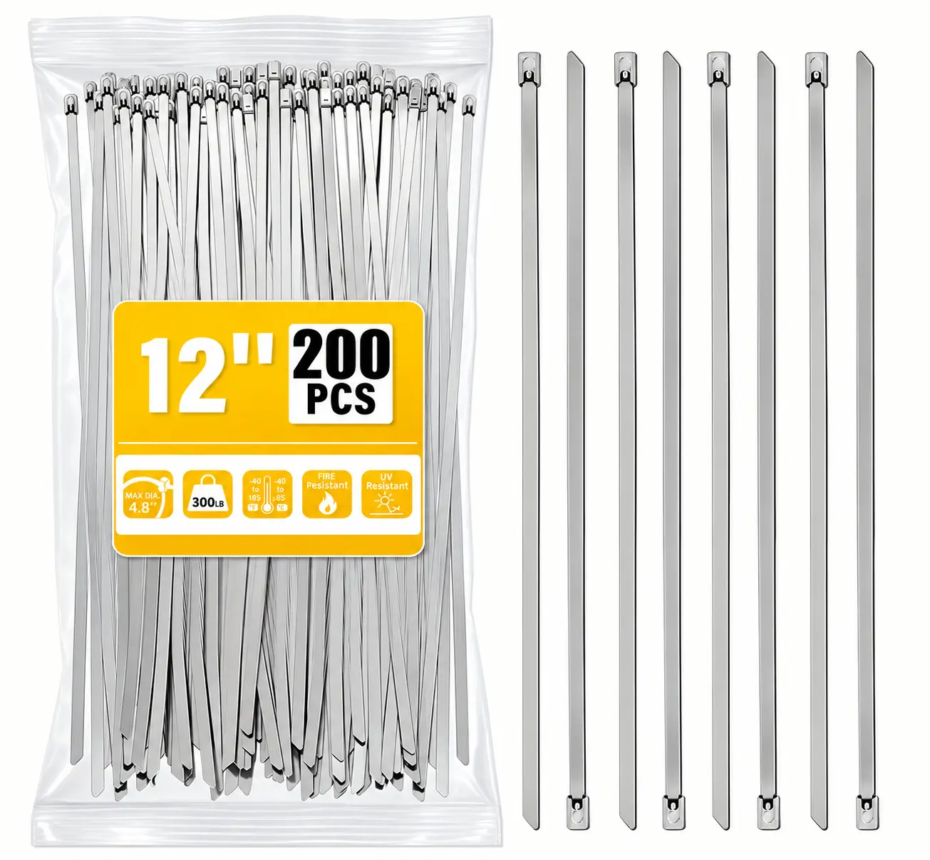 4.6mm 200-Pack Heavy-Duty 304 Stainless Steel Zip Ties, Tool for Exhaust Pipe Wrapping, Automotive Repairs, Hardware Applications